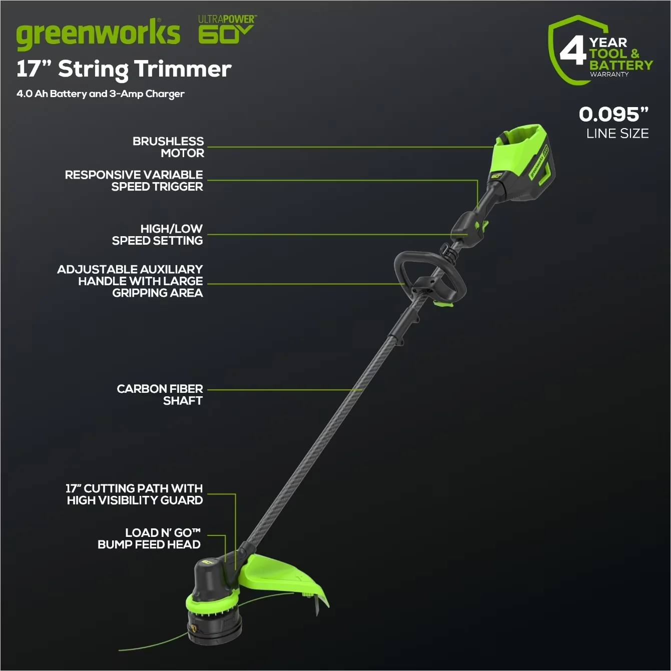 Classic String Trimmer with Battery, Brushless, 60 Volt Straight Shaft - Green Model 90F947