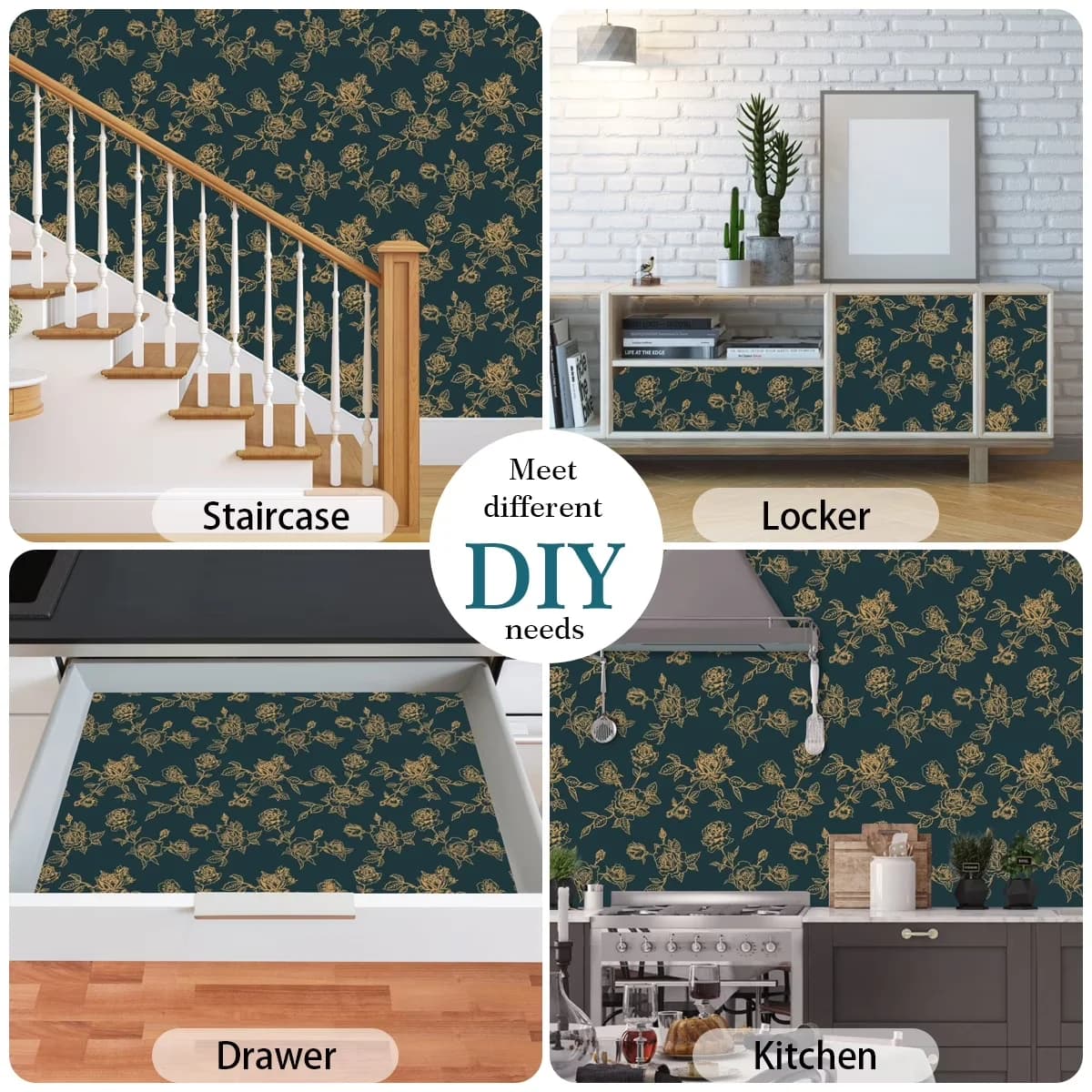 Durable Wallpaper Wall Decals Wall Covering with Removable, Blue Gold Flower-1, Peel & Stick 17"×120" - Vinly 17"×120" Model 2EAE17