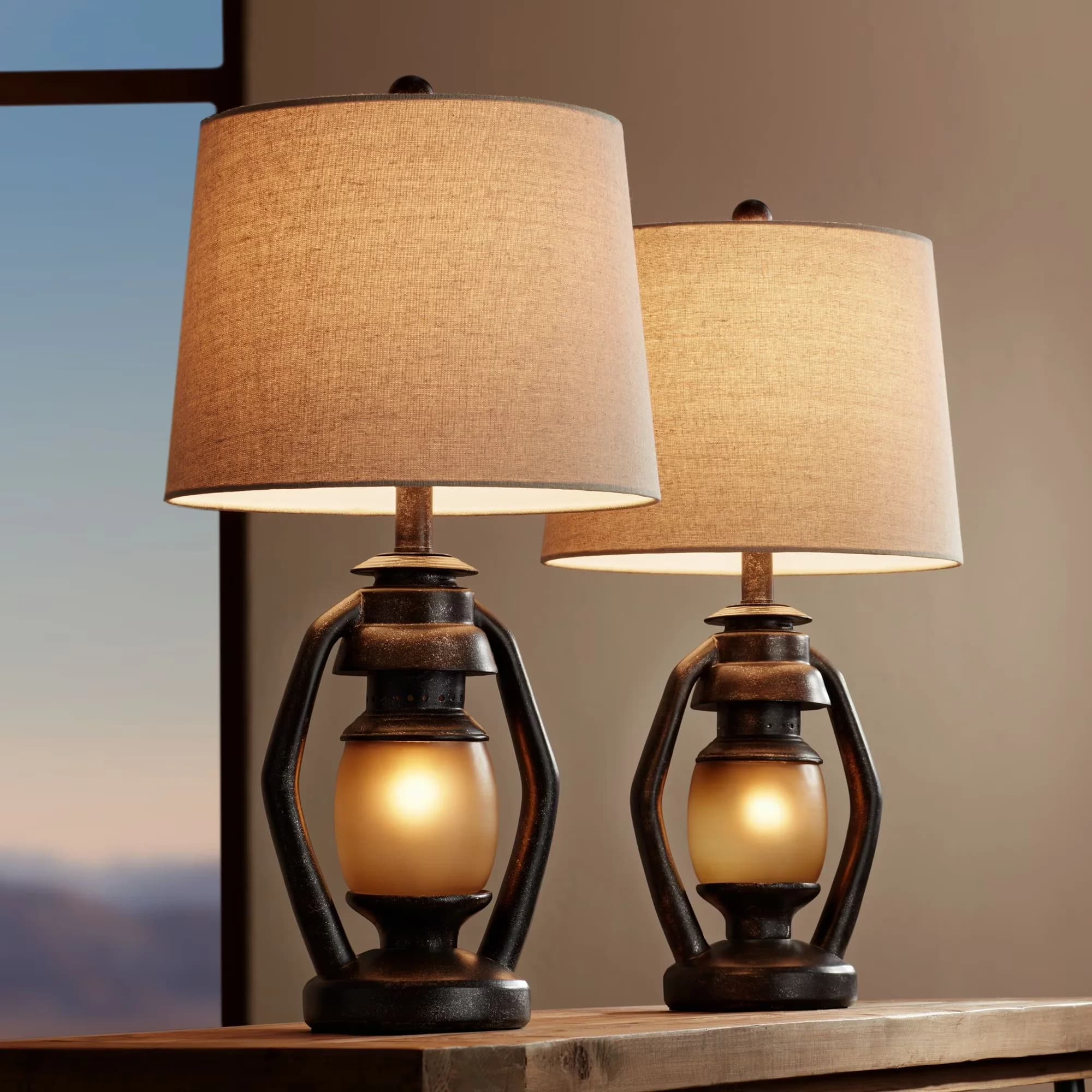 Premium Lamp Set with Incandescent, Rustic/Lodge - Brown Fine Cast Resin for Living Room, Bedroom Model 19DB58