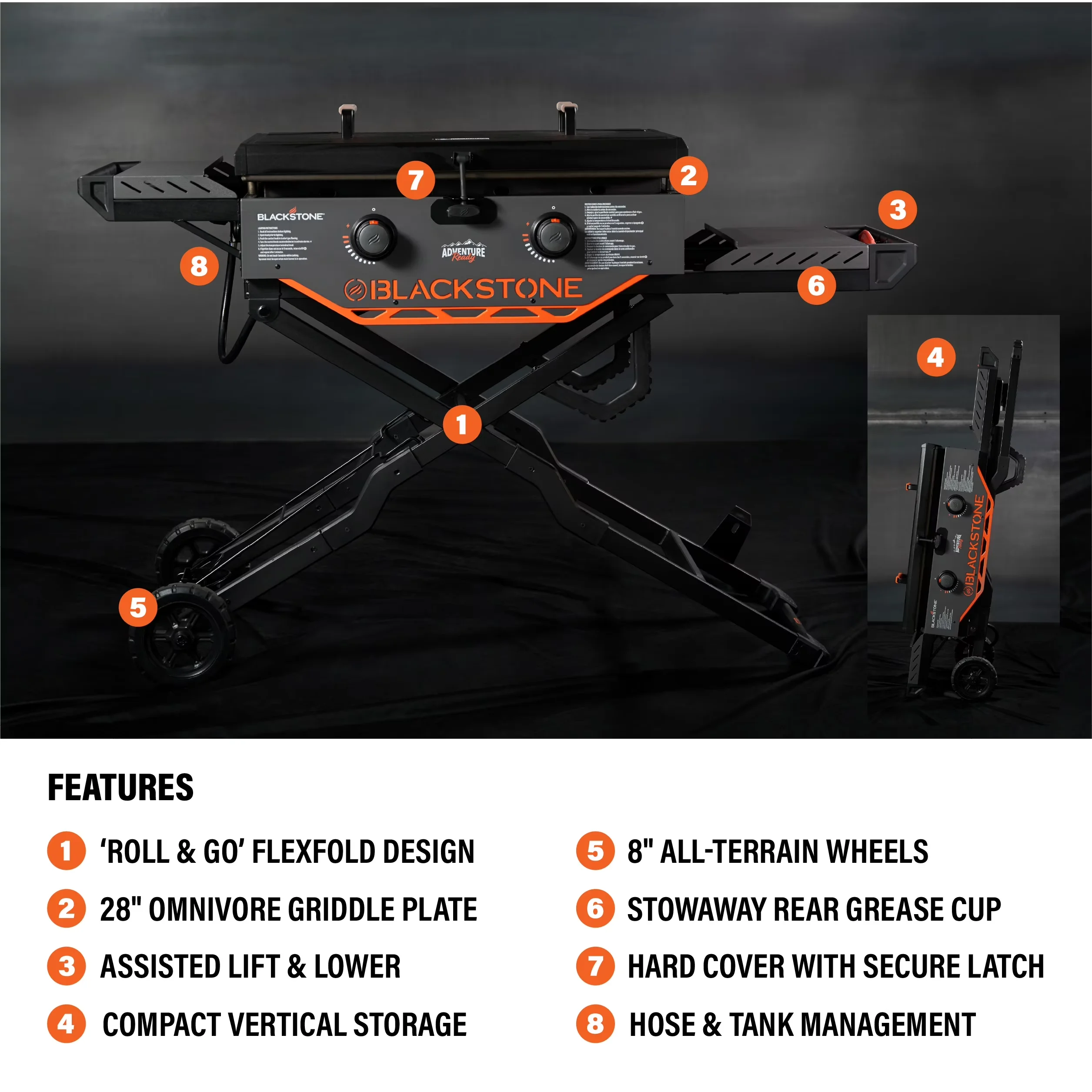 Sleek Flat Top Grill with Grease Pan, Foldable Legs, Flexfold Legs - Steel Model E511F7