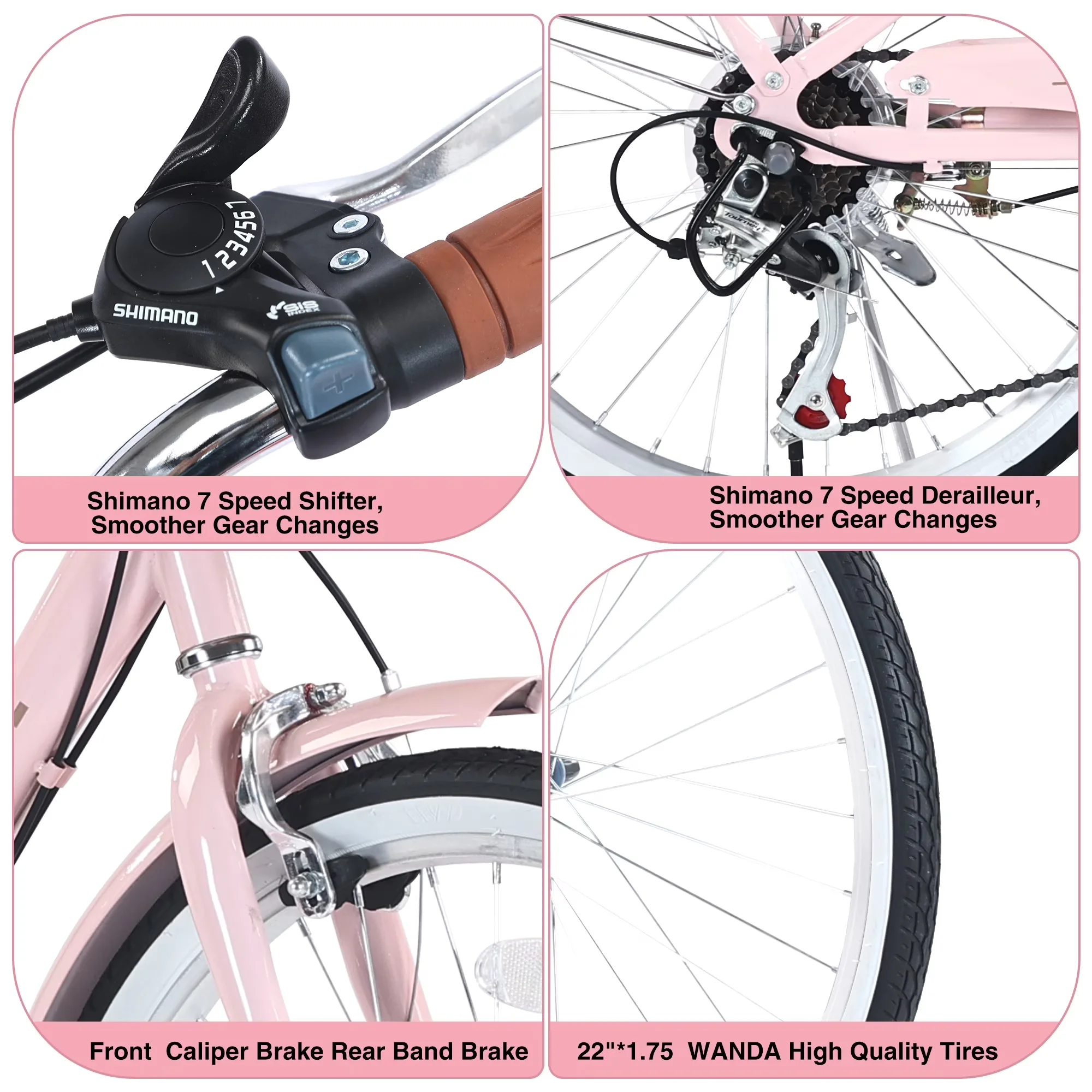 Compact Cruiser Bike with Adjustable Speed, 22" Womens, Basket - Pink - Premium Collection Model 7E147A