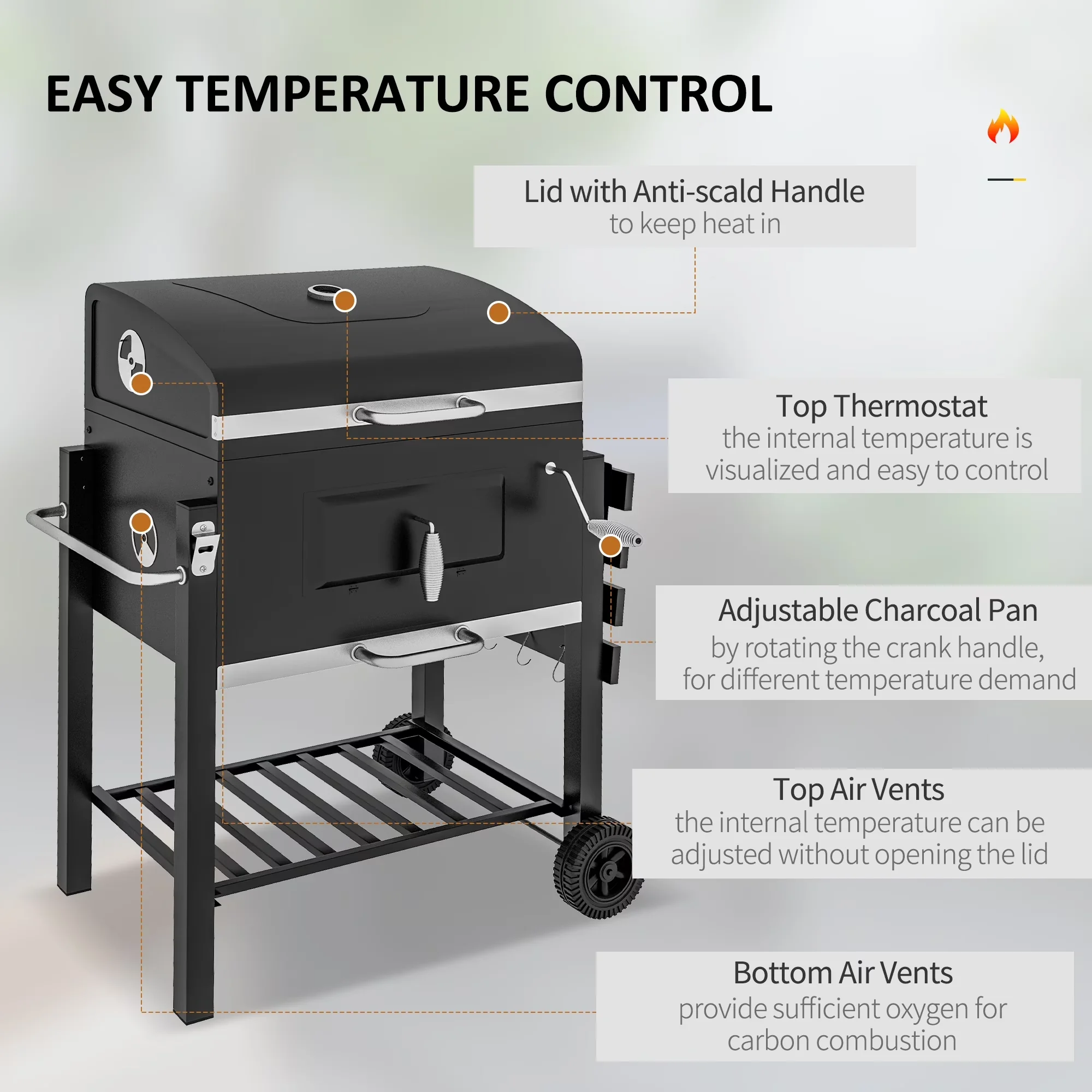 Sleek Charcoal Grill with Storage Rack, Materials: Steel, Stainless Steel, Outdoor Portable Cooker - Black Steel, Stainless Steel for... Model 9822AD