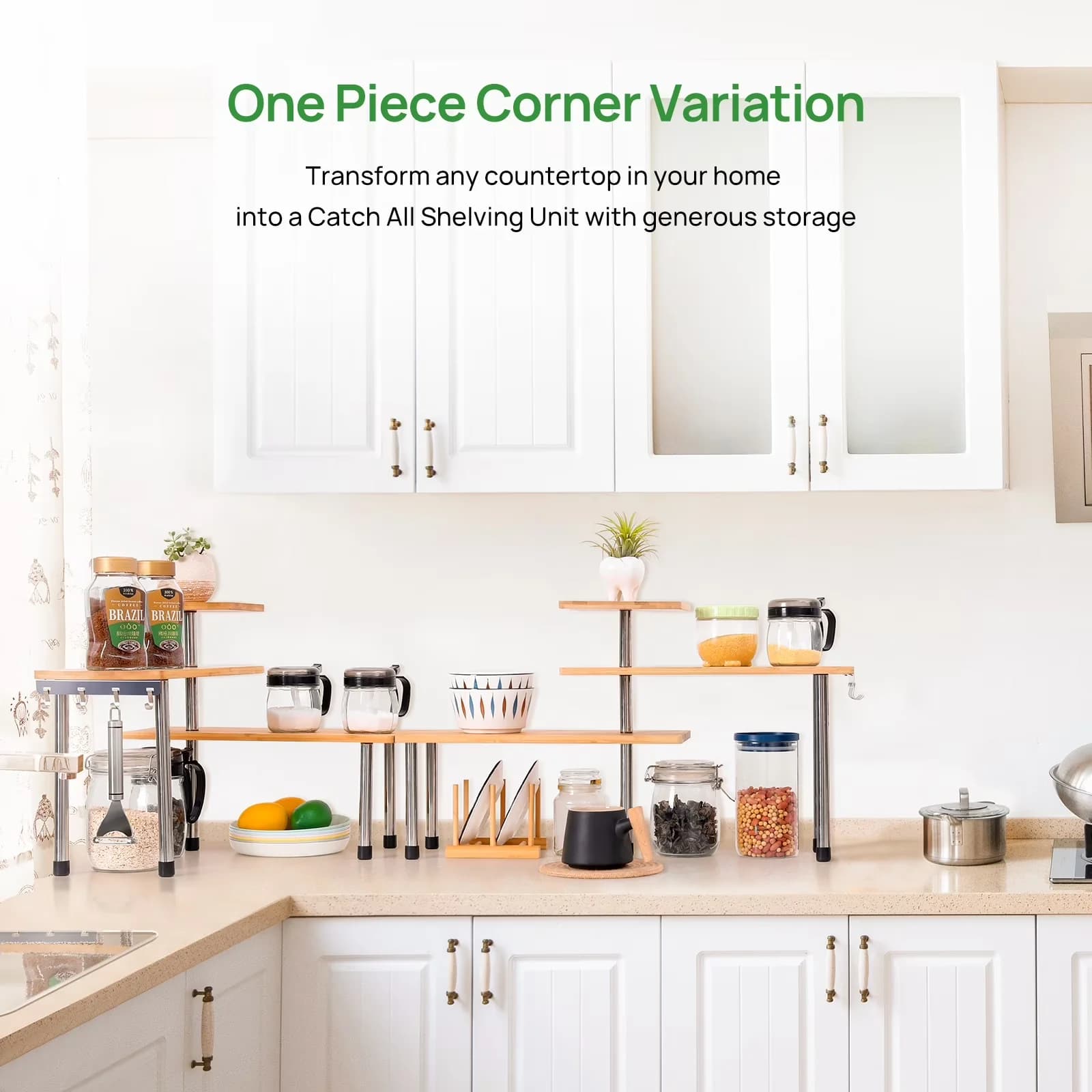 Garage Storage Supply Sleek with Bathroom Display Counter Shelves, 3 Tier Kithen Countertop Organizer, Bamboo Corner Shelf - Off-White Model 89A0DB