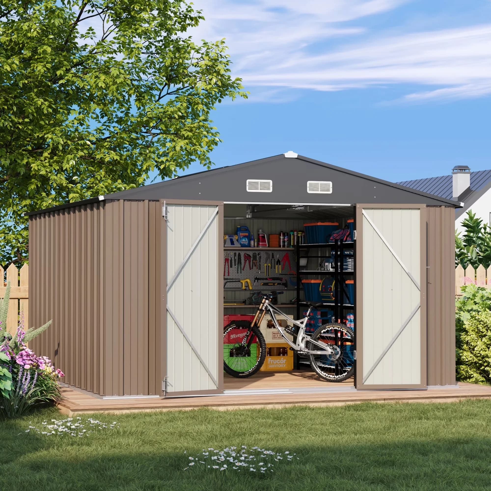 Shed Quality with Waterproof, Sloping Roof and Double Lockable Door, Brown - Brown Steel Model BE1435