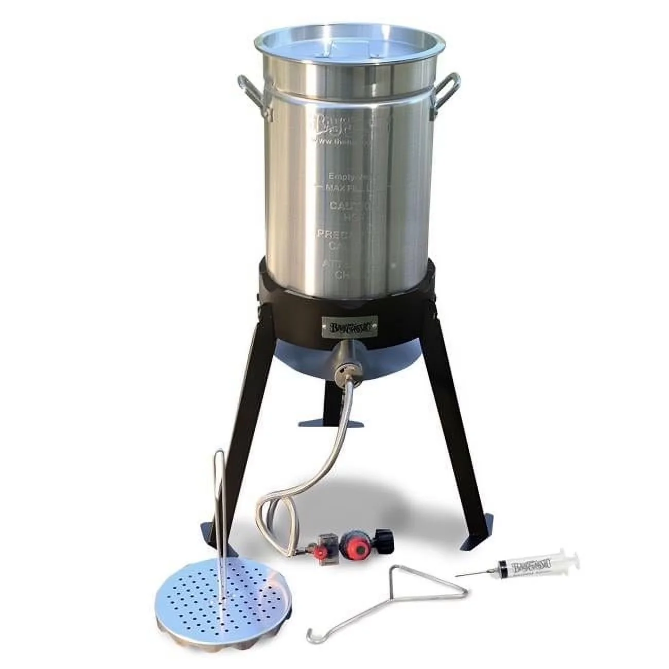 Stylish Outdoor Fryer with 12 inch fry thermometer, Stockpot comes with lid - Black Aluminum Model E038D6