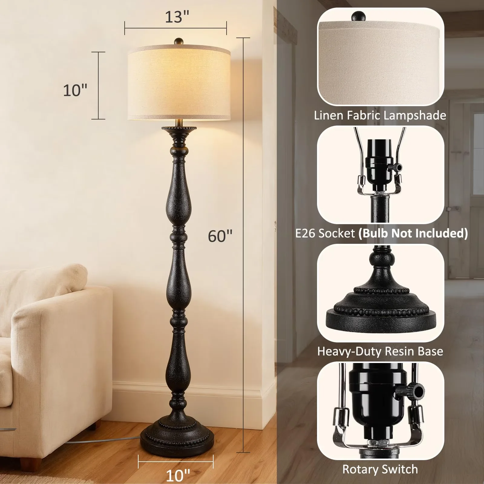 Efficient Lamp with Standard Lamps, Rustic/Lodge, Vintage - Black Plastic Model 000ED3