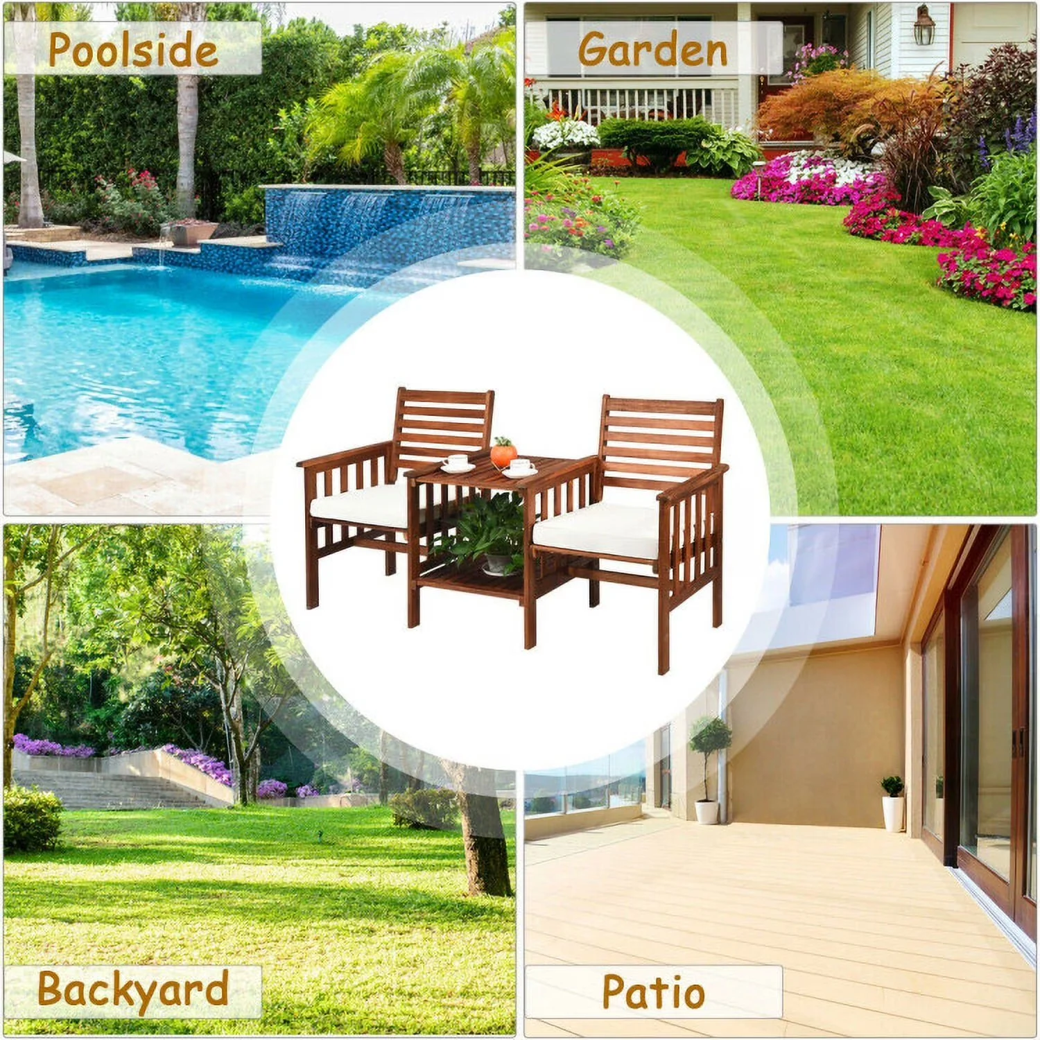 Patio Dining Set Reliable with Removable Cushion Cover, Weight capacity of table:70 lbs - Acacia Wood + Polyester + Sponge White Model 875810