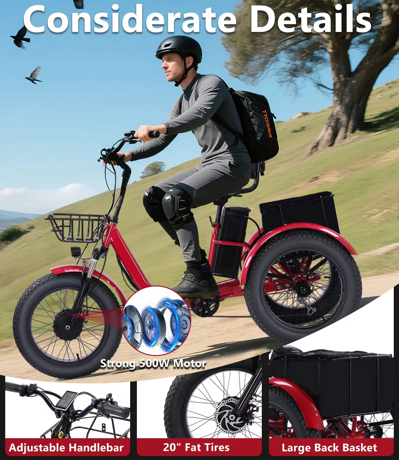 Efficient Electric Bike with Battery, 500W, Tricycle - Red - Universal Fit Model DC0C28