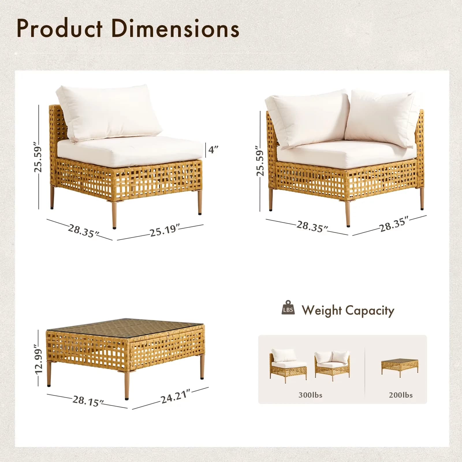 Modern Patio Conversation Set with Glass Coffee Table, Boho Beige, Water Resistant Cushions - Wicker / Rattan Model E07017