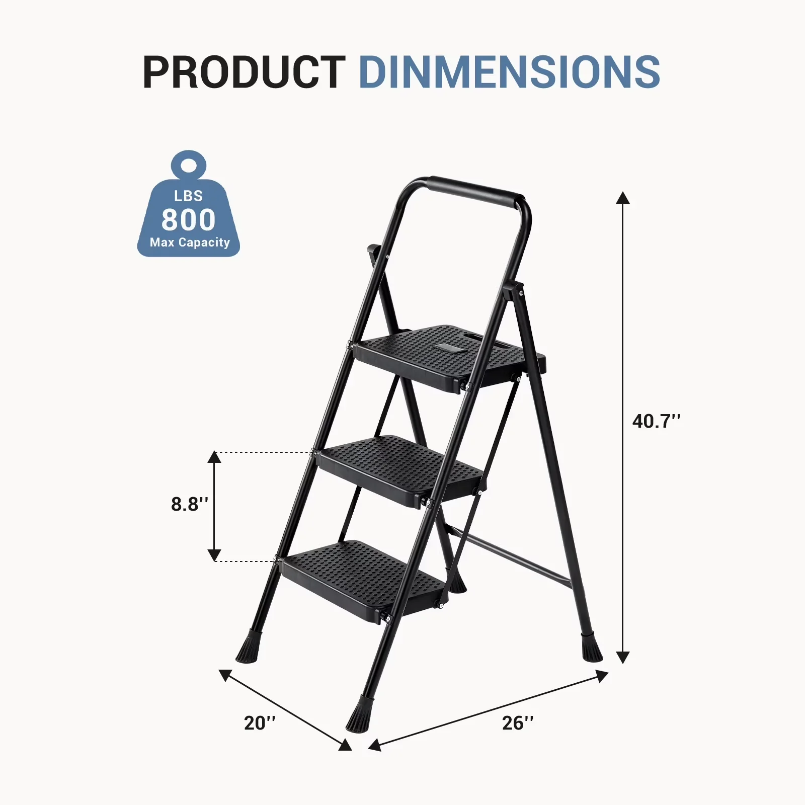 Classic Ladders And Step Stool with Compact Design, Metal Frame - Metal 3-Step Model E3A120
