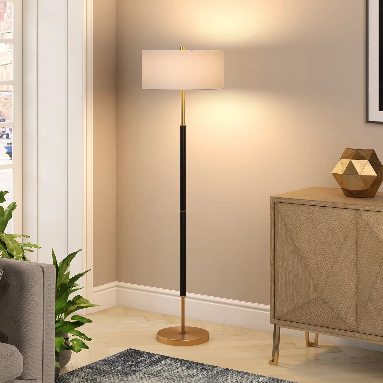 Sleek Floor Lamp with Incandescent, Energy Efficient, Simone 2-Light - Black Metal Model 557BE3