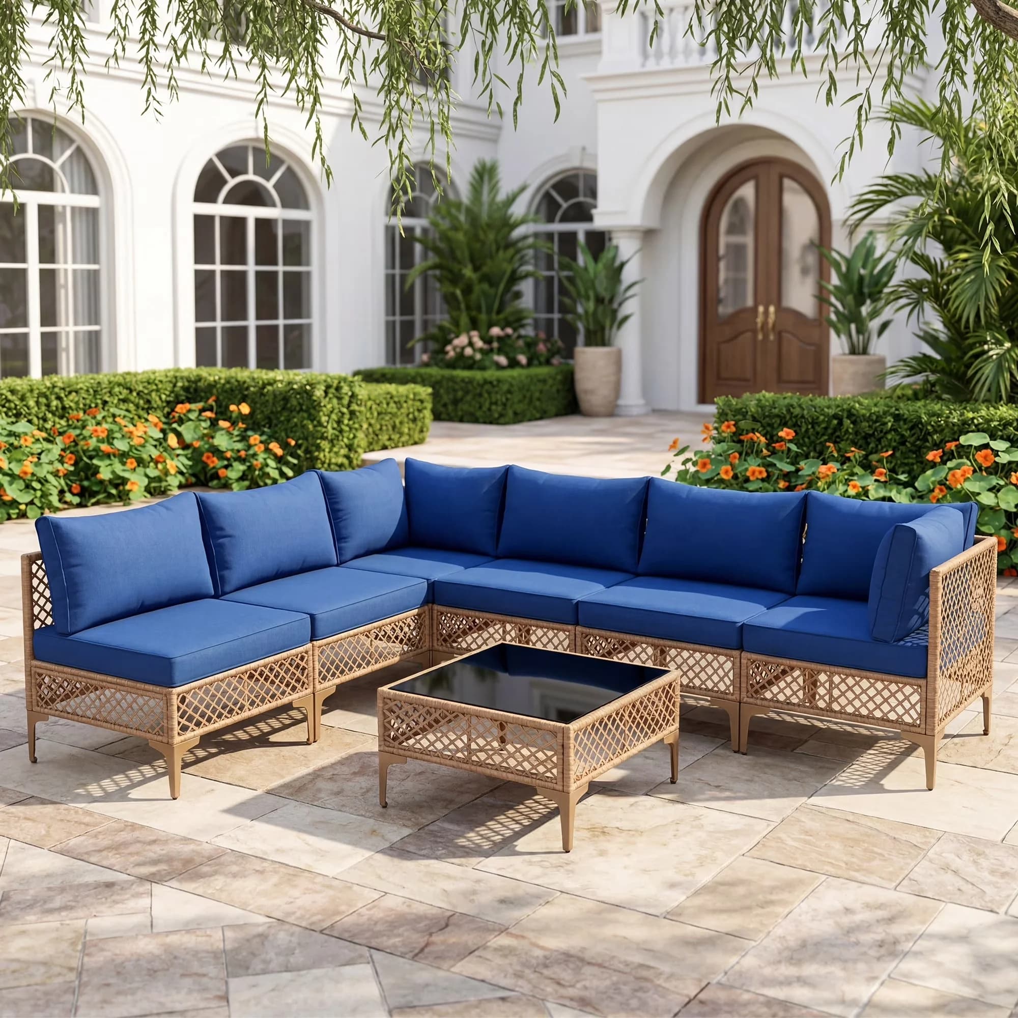 Classic Outdoor Sofas Sectional with Stain Resistant, Removable Seat Cushion - Steel, Pe Wicker, Abs, Polyester, Memory Foam, Pp... Model 788173
