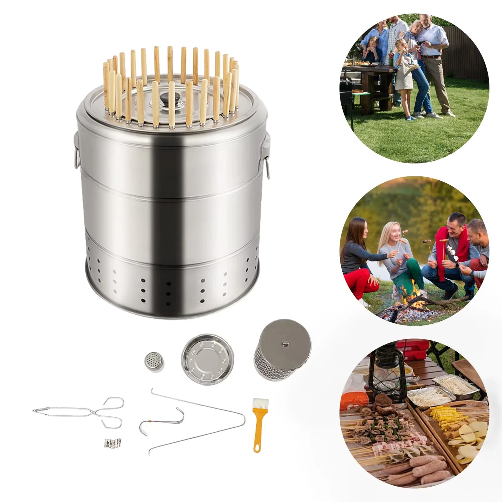 Professional Charcoal Grill with Portable, Modern Cylinder, Material: 201 Stainless Steel - Silver Stainless Steel Model ED367B