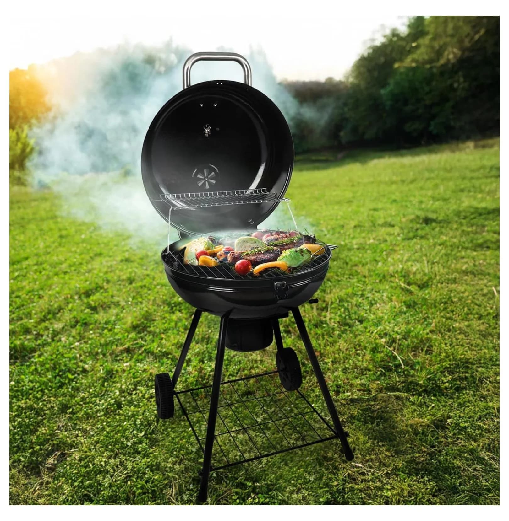 Innovative Flat Top Grill with Portable, Catcher & Wheels, Charcoal Kettle for Outdoor, Camping - Model 538083
