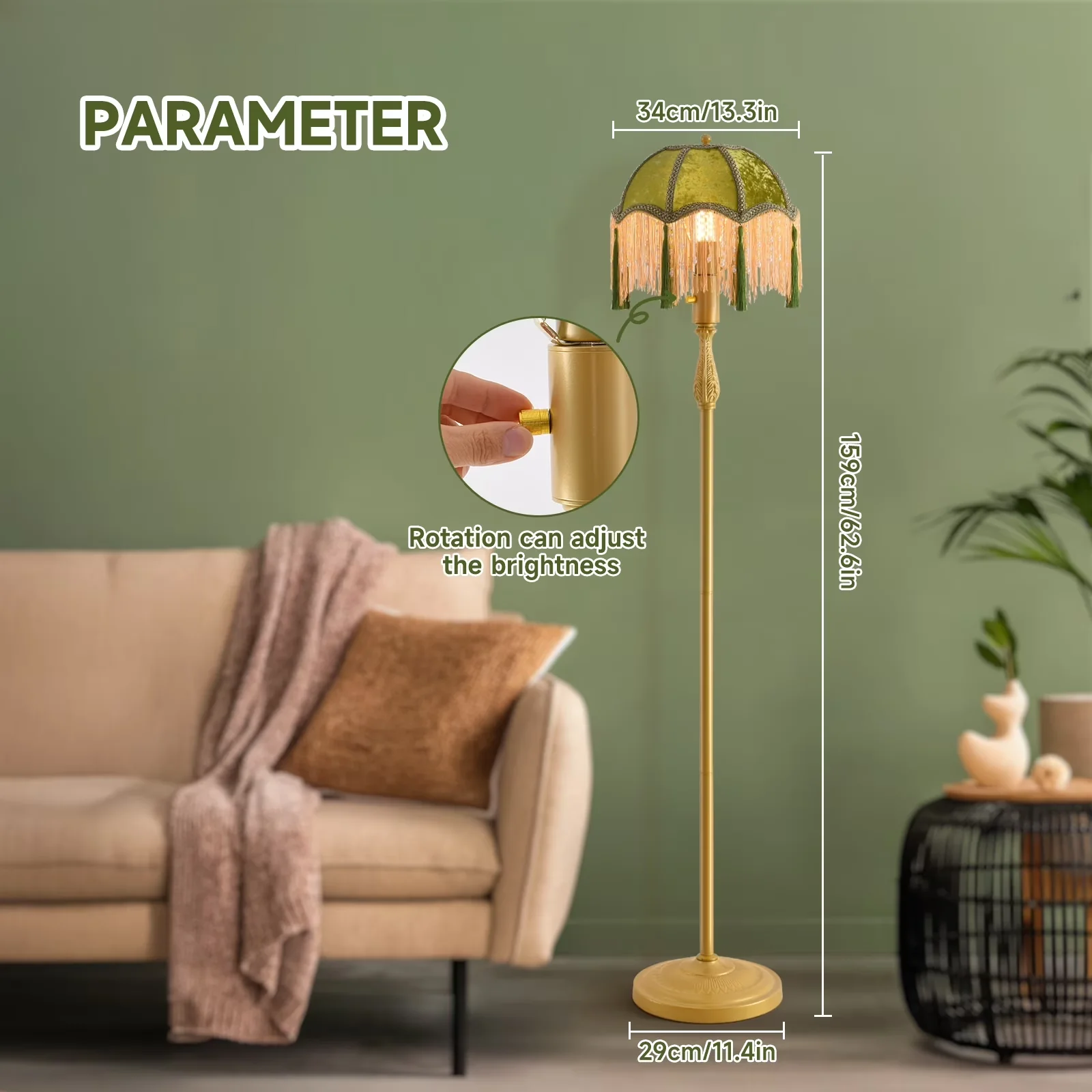 Classic Floor Lamp with LED, Traditional, Retro tassel - Metal Green - Satisfaction Guaranteed Model 9E7684