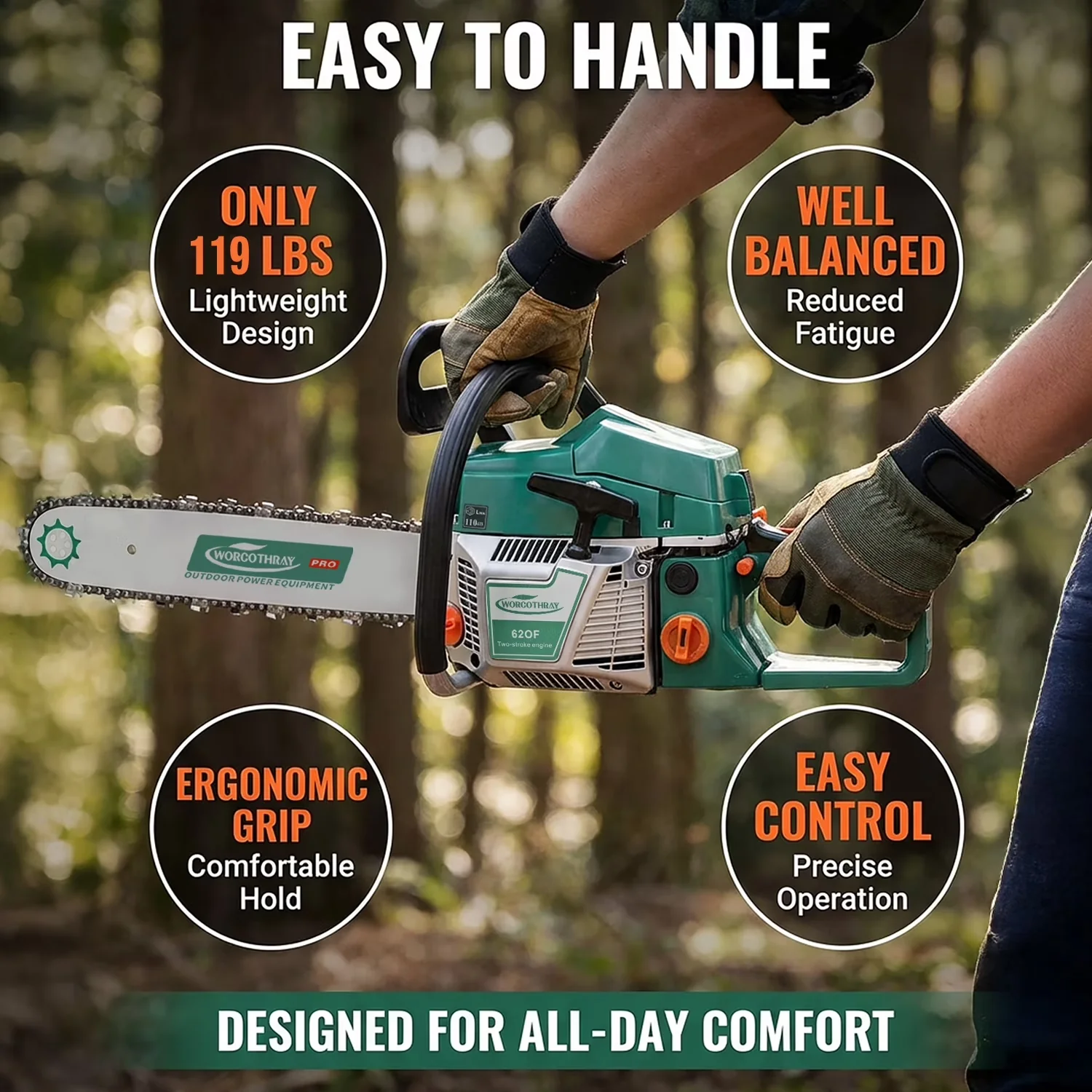 Reliable Chainsaw with Automatic Chain Oiler, - Max. Engine Speed: 10,000 RPM, - Engine Displacement: 62CC - Green Model 830016