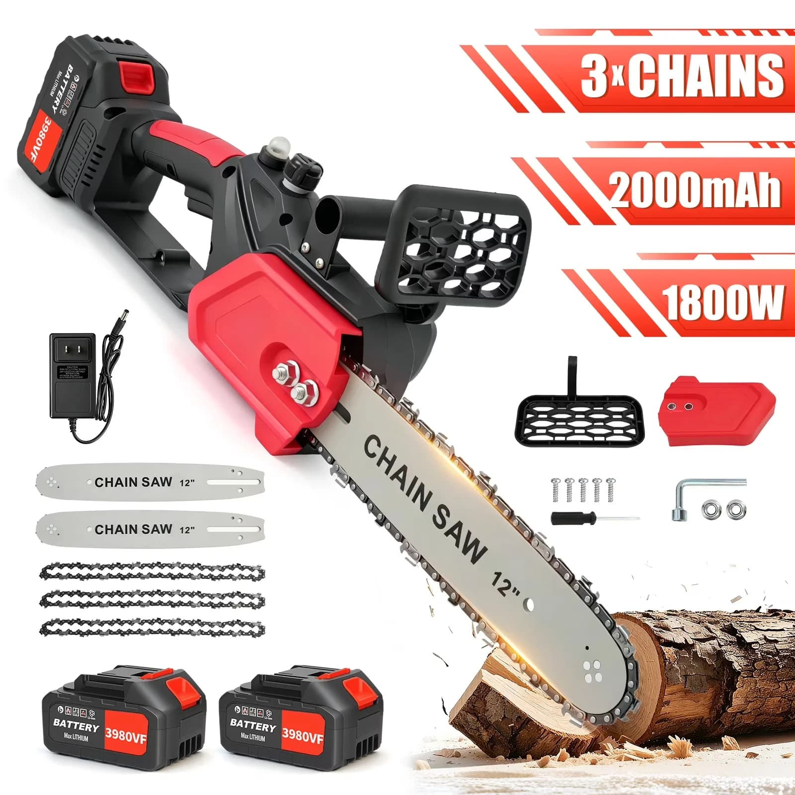 Sleek Chainsaw with Battery, 1800W, 12" 1800W Cordless - Red - Traditional Style Model 9A8DDD