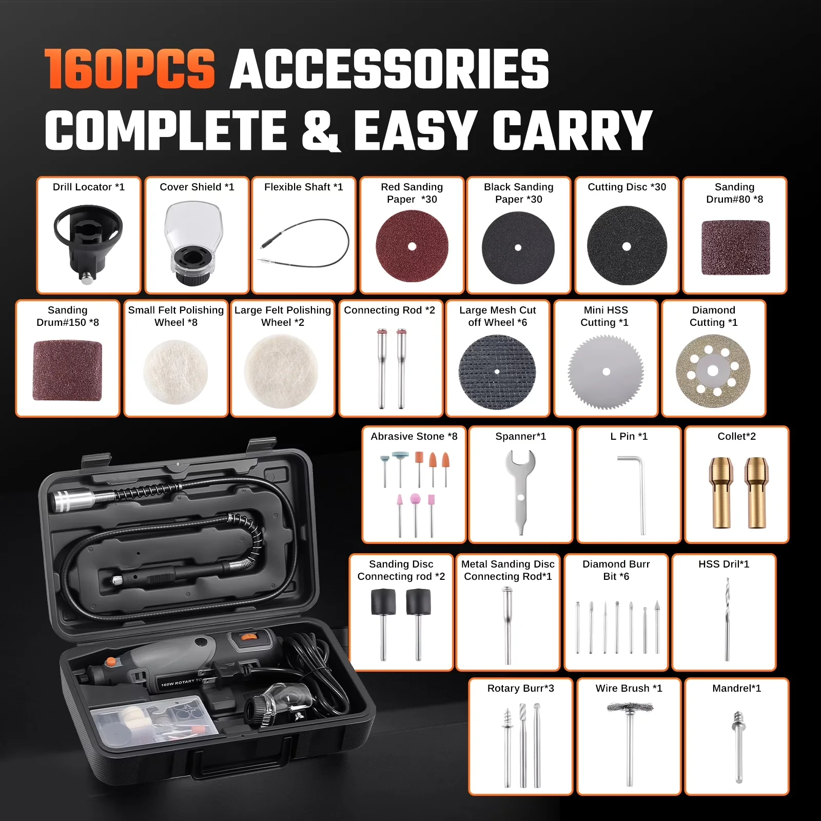 Essential Drills Driver with 160W, Adjustable, Rotary Tool Kit - Black Model E4878E