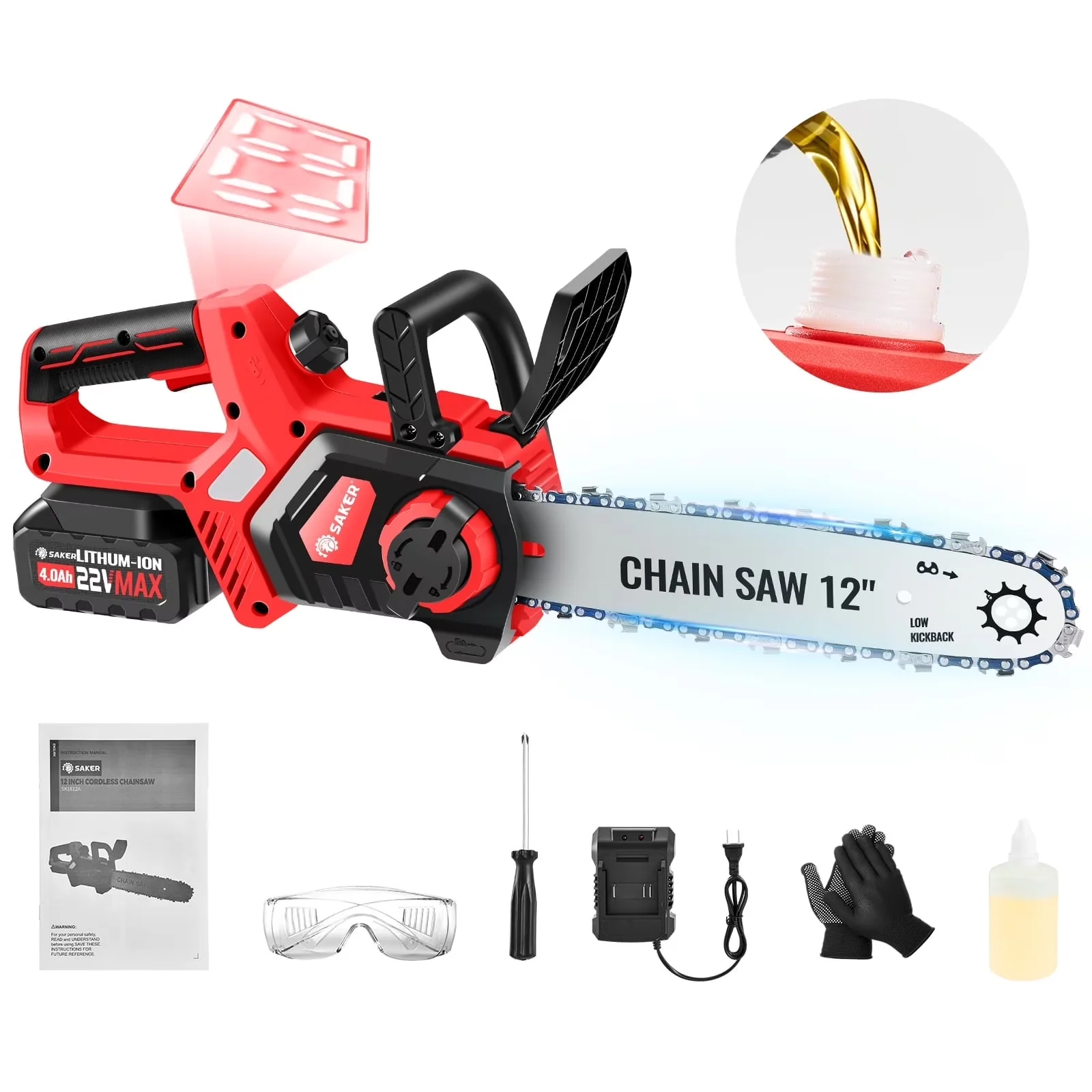 Durable Chainsaw with Battery, LED, 12" 22V 4.0Ah Battery Powered - Quality Construction Model A6A650