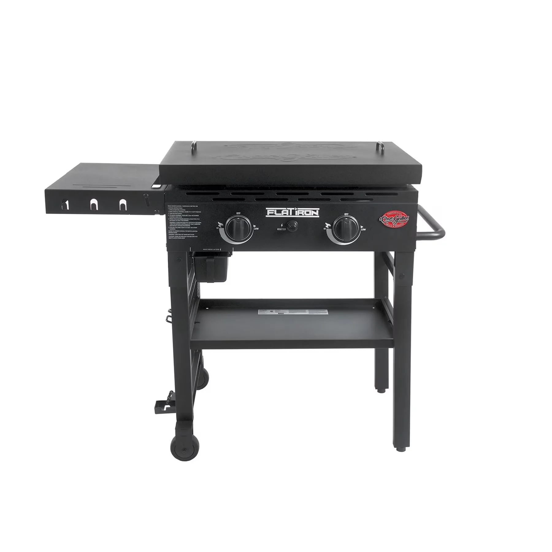Efficient Flat Top Grill with Portable, Lid, 2-Burner Iron Gas Griddle - Stainless Steel Black Model 15B2FA