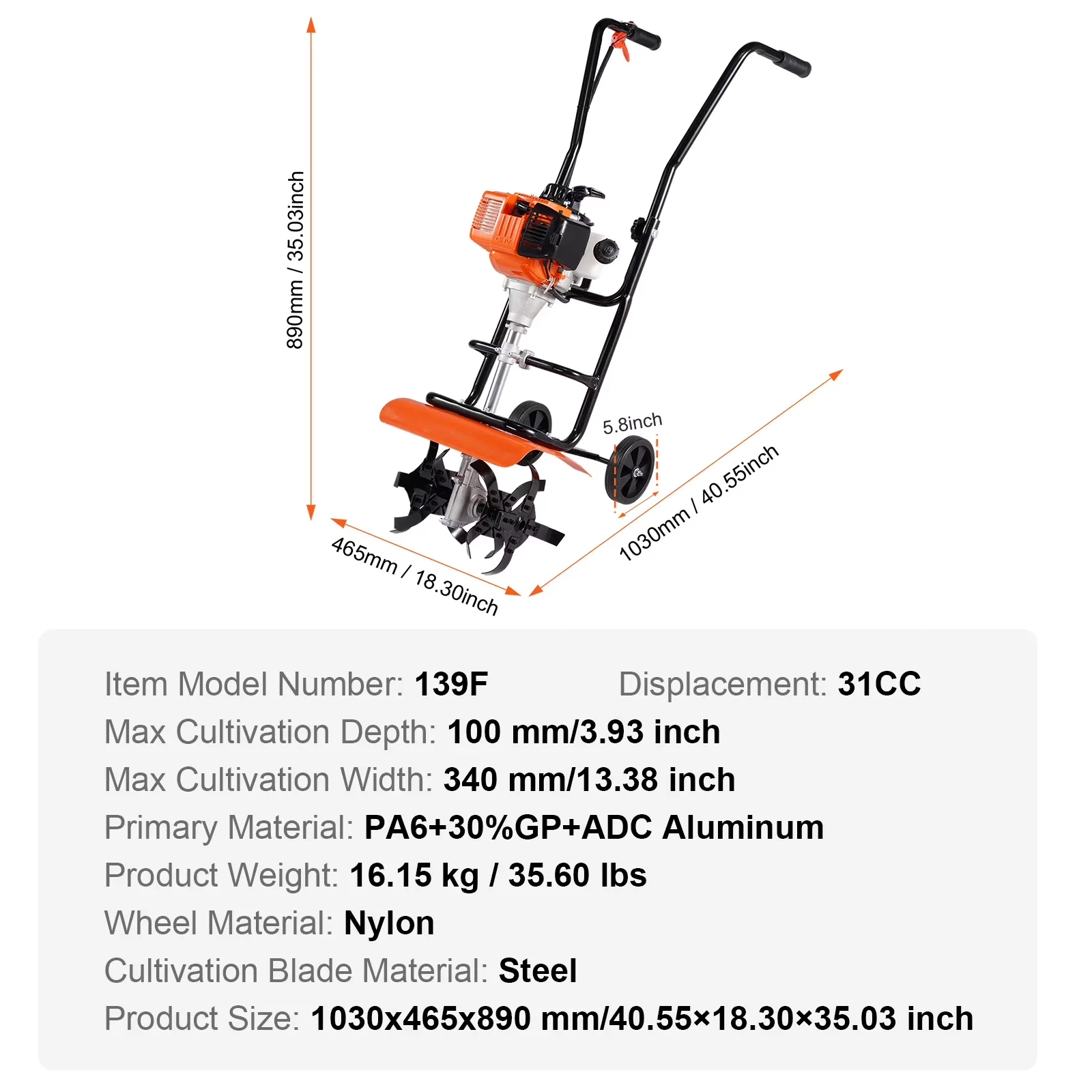 Classic Trillers Cultivator with Garden Tiller, 31CC 4-Stroke Engine, Adjustable 4 Steel Tines - Model 37131E