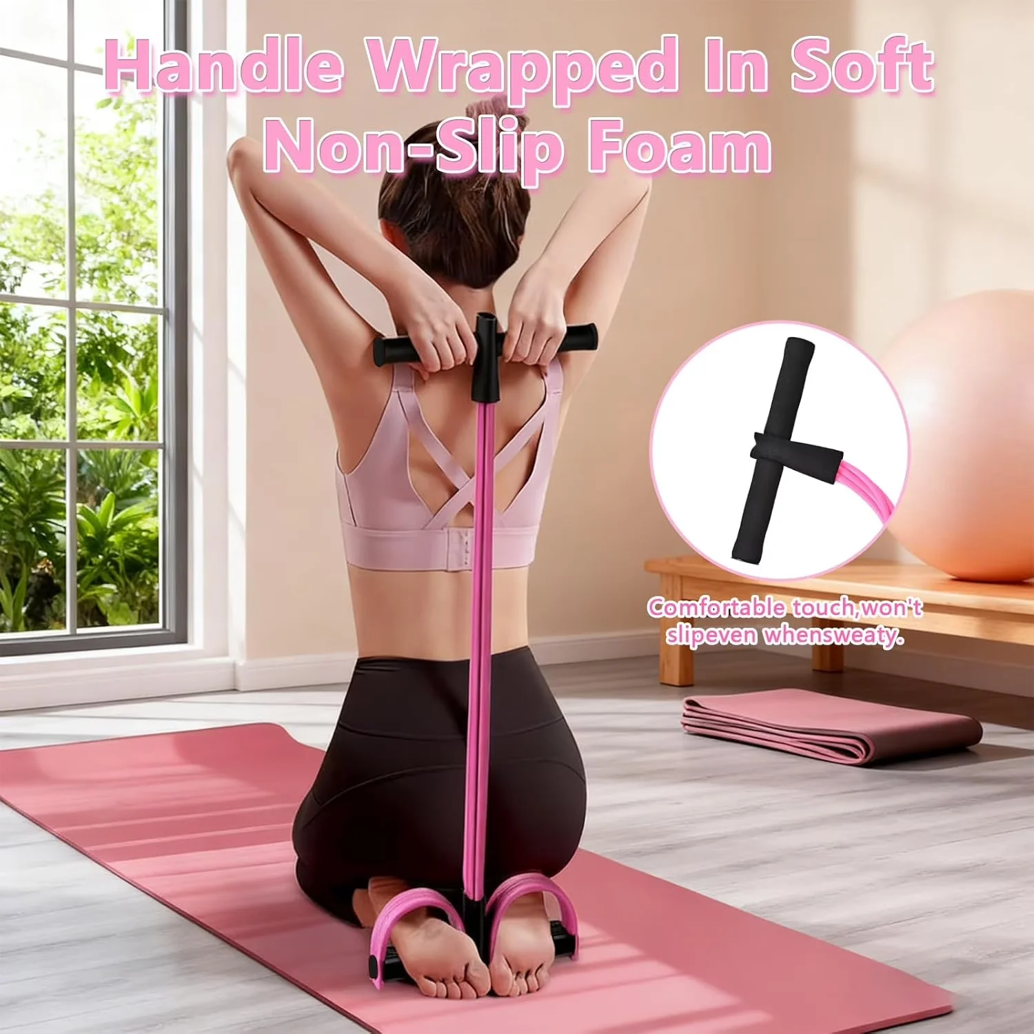 Home Gym Professional with Anti-Slip, Handles, Multifunction Tension Rope - Pink Latex Model 7DD116