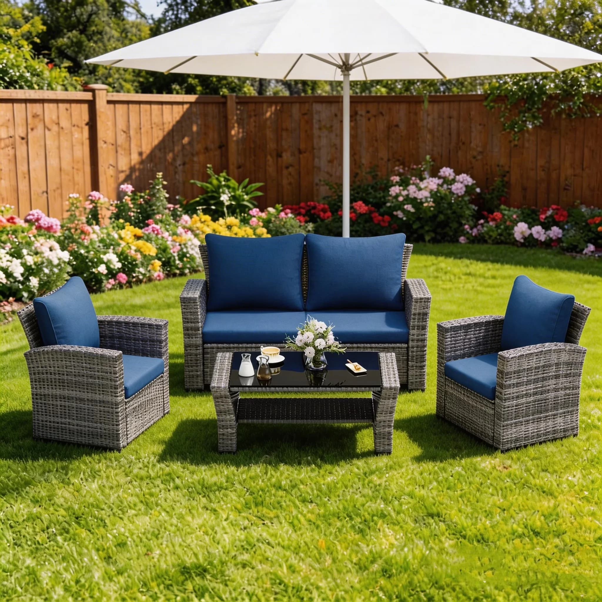 Versatile Patio Conversation Set with Water-Resistant, 4 Piece Outdoor Furniture Sets, Wicker - Blue Wicker Model 3B9911