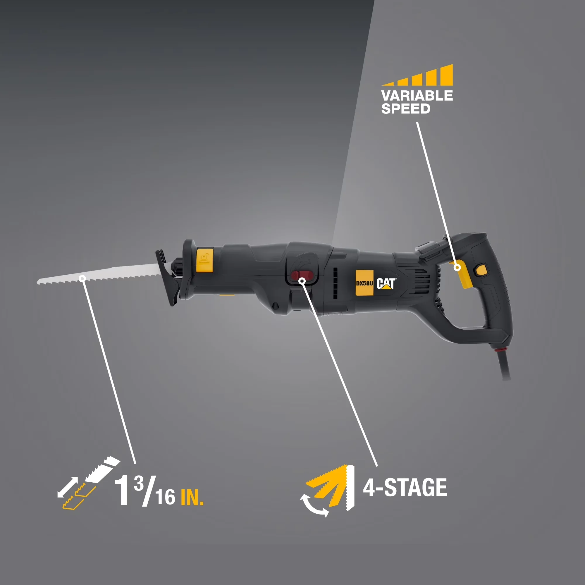 Compact Power Saw with Adjustable, LOCK-ON SWITCH- For continuous operation - Model 4AE1E5