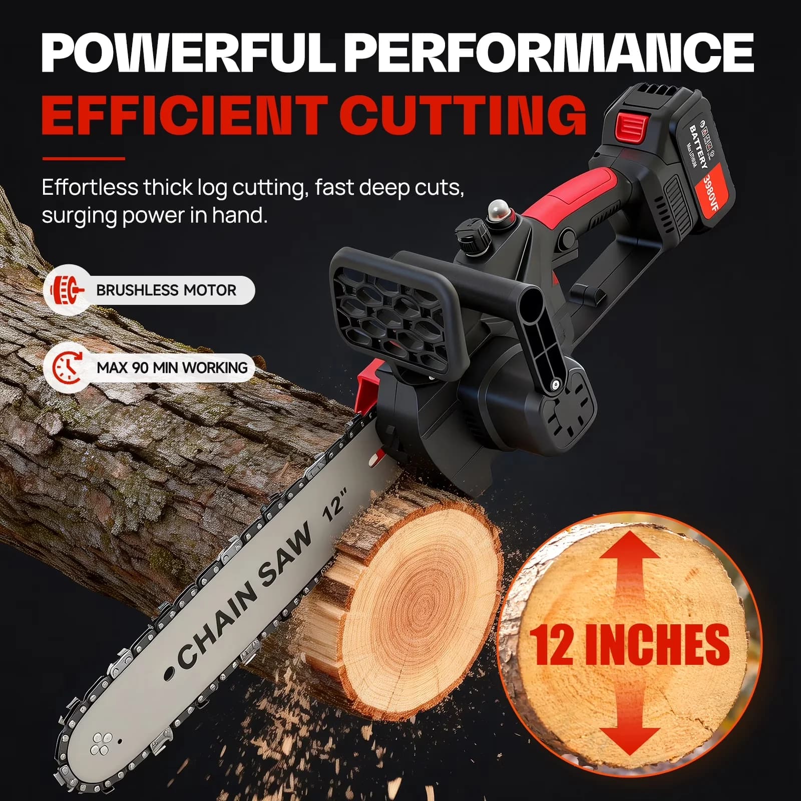 Sleek Chainsaw with Battery, 1800W, 12" 1800W Cordless - Red - Traditional Style Model 9A8DDD