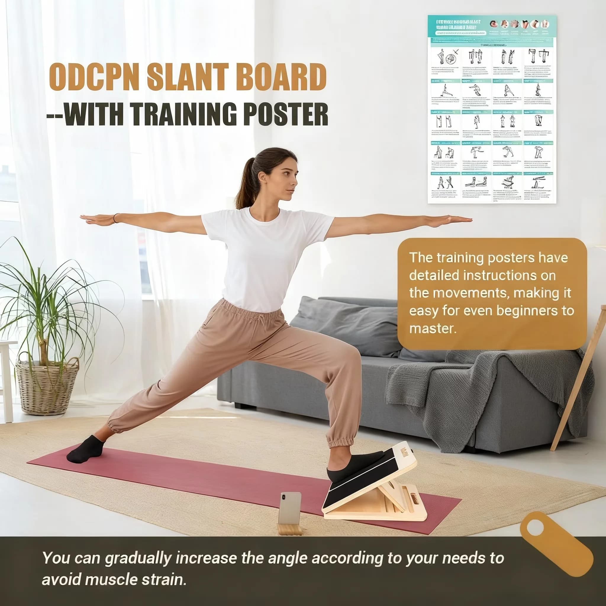 Stylish Home Gym Accessory with Adjustable Straps, Anti-Slip, Portable Wooden Slant Board - Yellow Wood Model 17ABA8