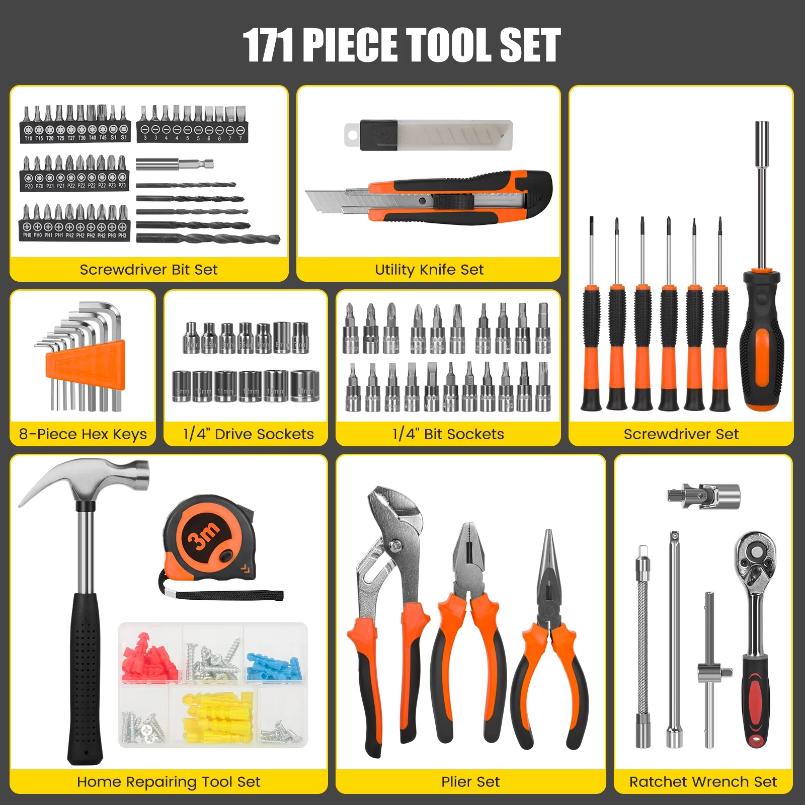 Durable Hand Tool Set with No-Slip, Handheld, Kit - 1/4 - Satisfaction Guaranteed Model 68FED6