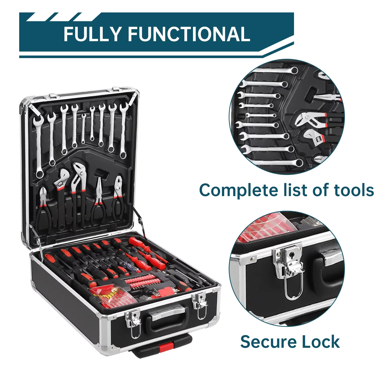 Versatile Hand Tool Set with Comprehensive 186-Piece Toolkit, Aluminum Trolley Case - Black Model 7D14E9