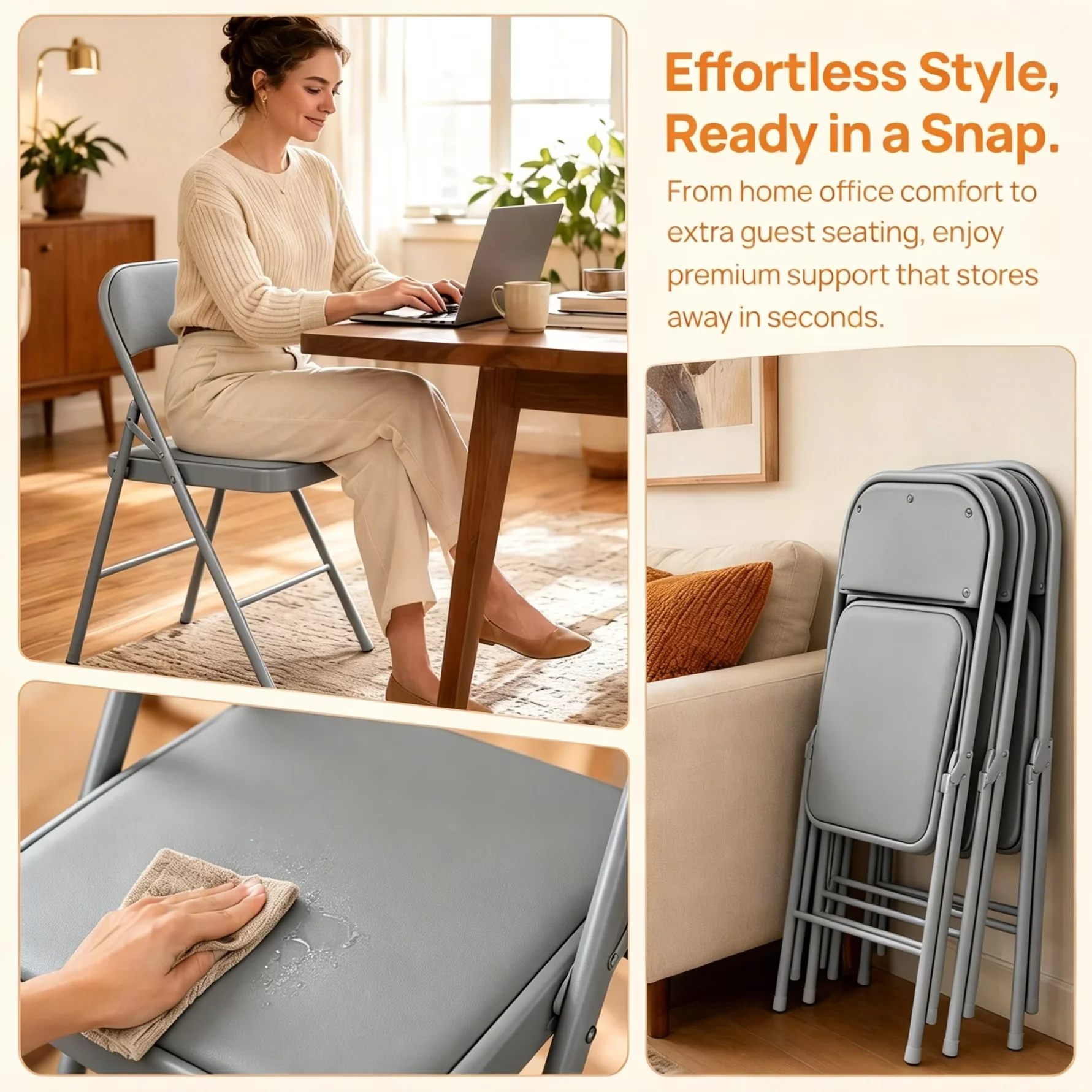 Innovative Patio Chair with Waterproof, Padded, 4 Pack Folding Chairs - Gray for Outdoor, Party Model 4921BC