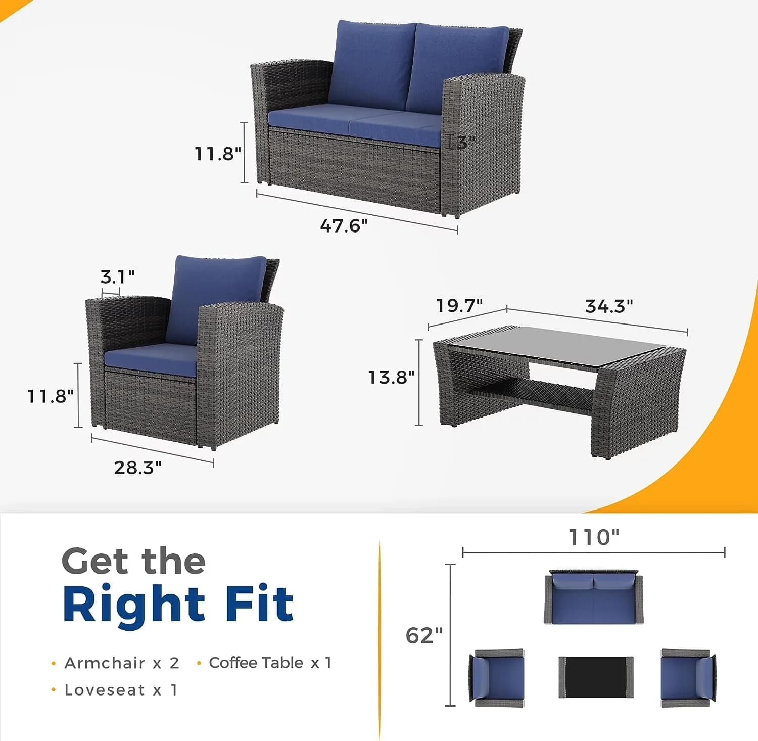 Versatile Patio Conversation Set with Water-Resistant, 4 Piece Outdoor Furniture Sets, Wicker - Blue Wicker Model 3B9911