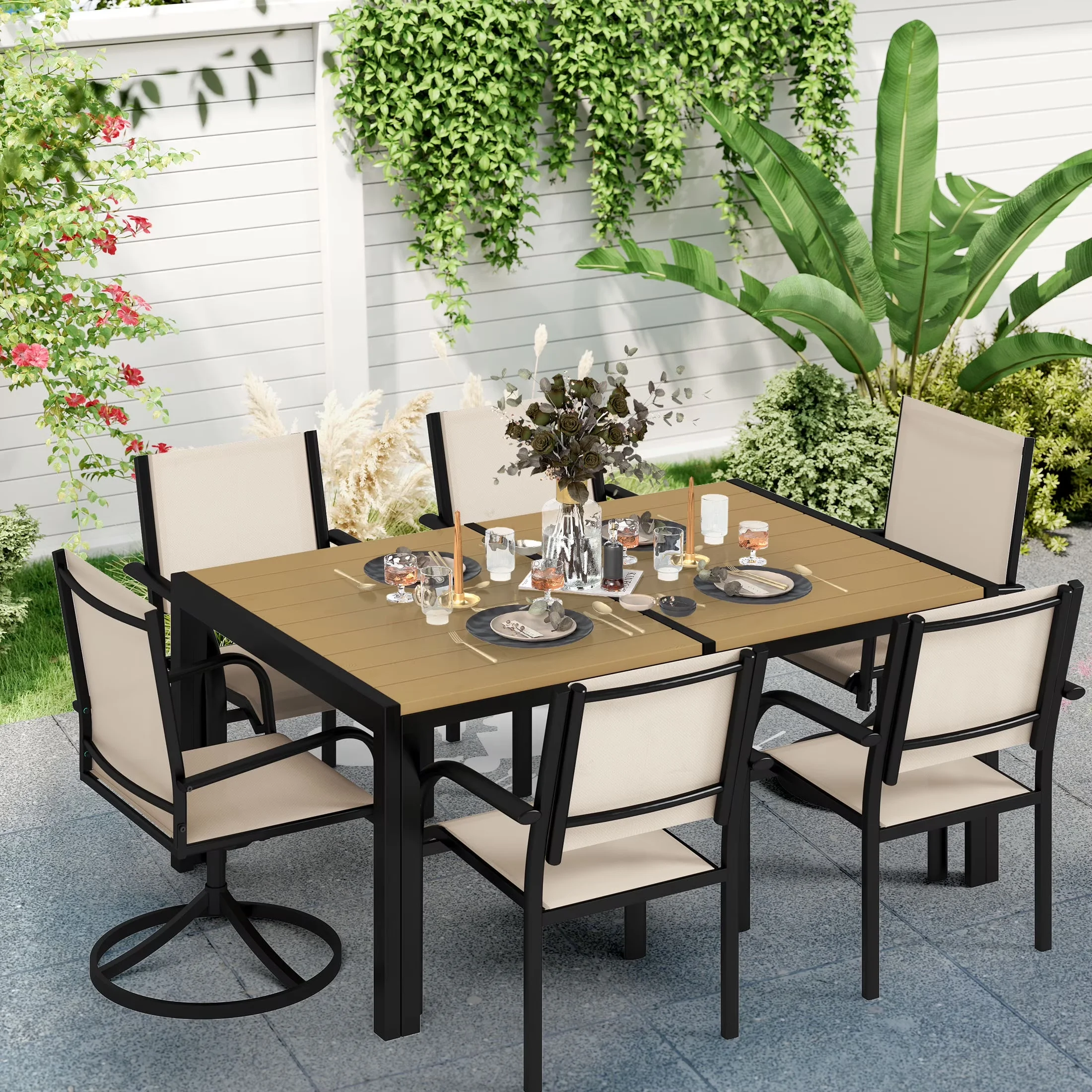 Premium Patio Dining Set with Weatherproof, 7 Piece - Steel, Pe Rattan, Polyester Fabric Yellow Model F669CE