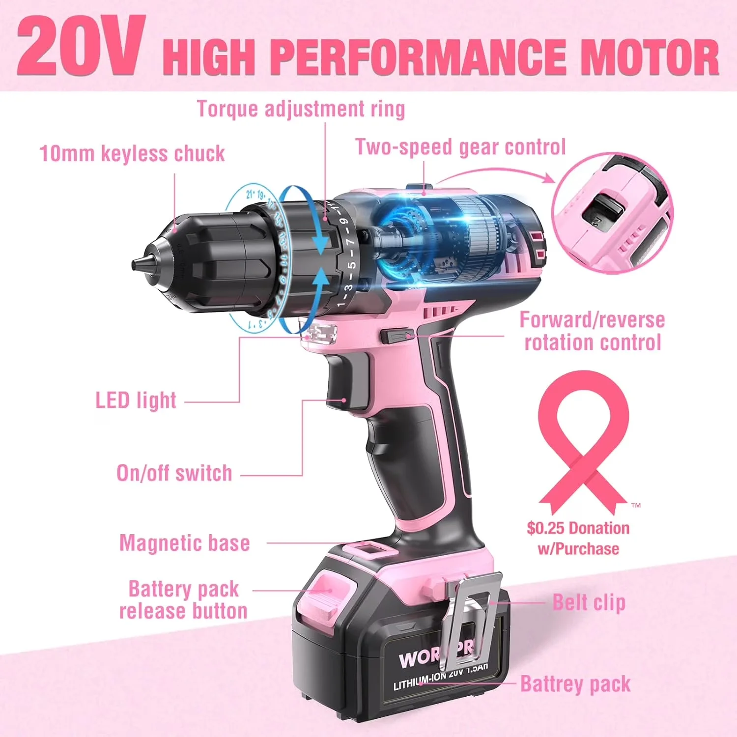 Innovative Drills Driver with Battery, 20V, Pink Cordless 20V Lithium-ion Drill Set - Pink Drill Model E93AD8
