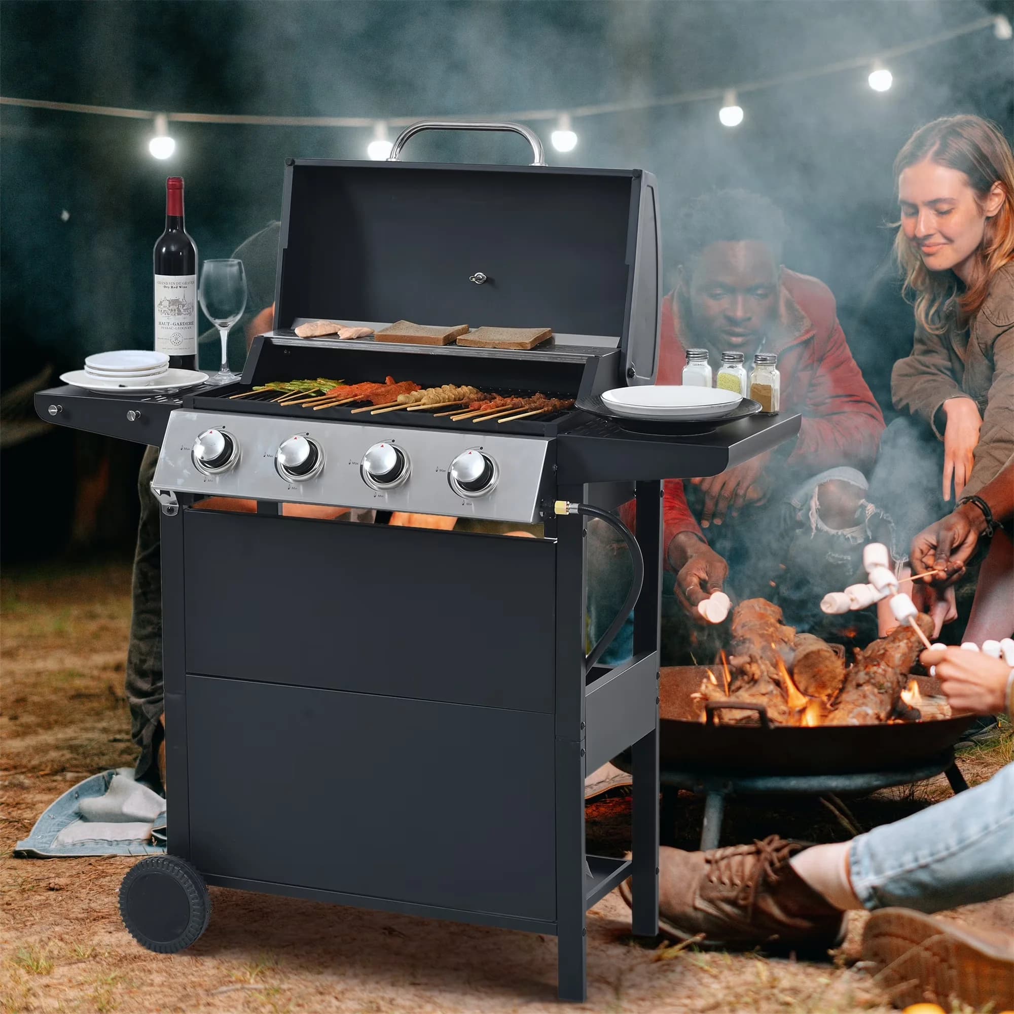 Gas Grill Durable with Rust Resistant, Minyam 4-Burner Propane - Black Stainless Steel Model 8C4456