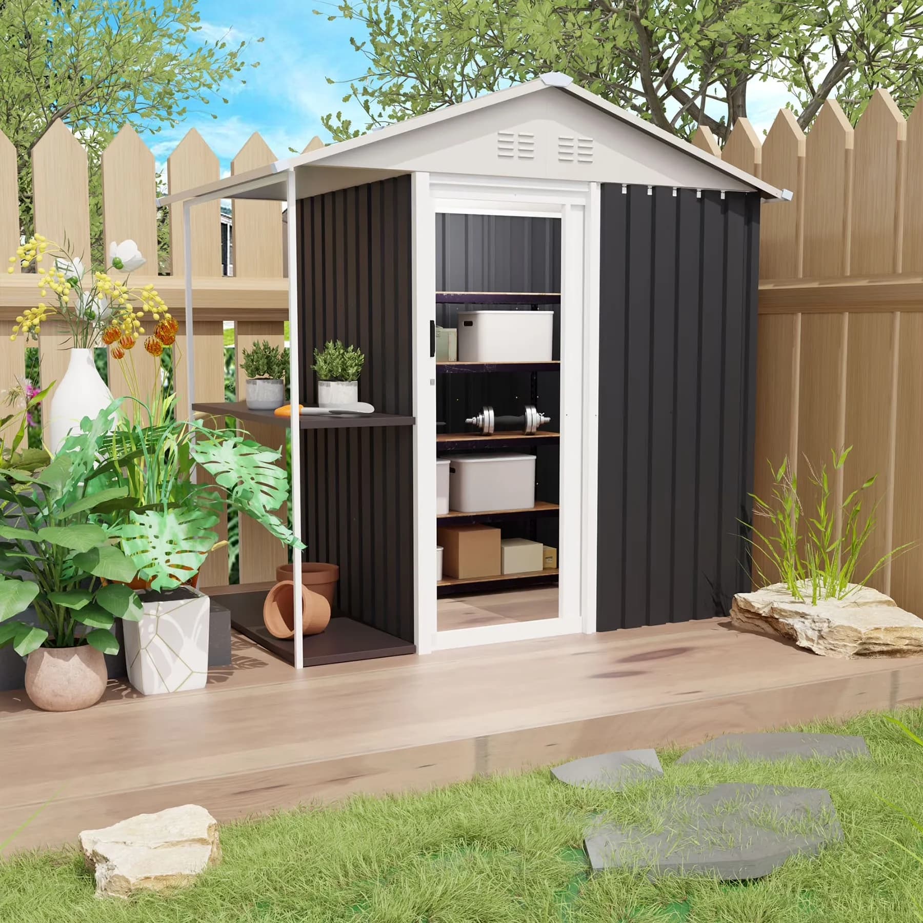 Classic Shed with Waterproof, Metal Shelving - Grey Metal 6 x 4 - Contemporary Style Model F0081F