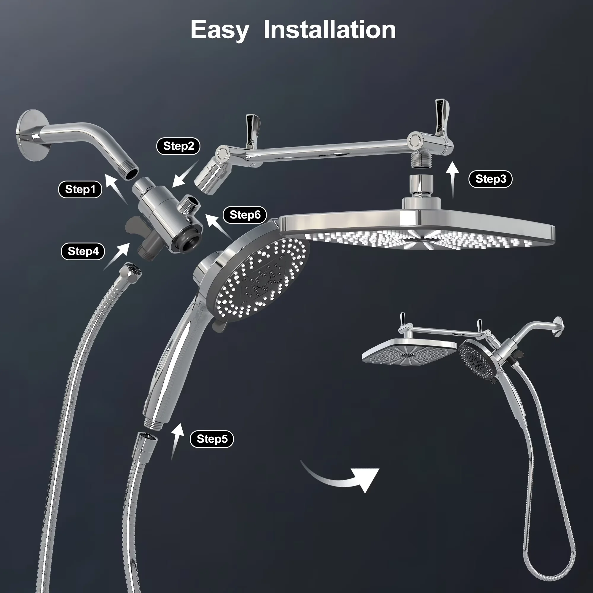 Shower Head Durable with Easy To Clean, Adjustable, 12"High Pressure Rain - Chrome Silver Model B74F96