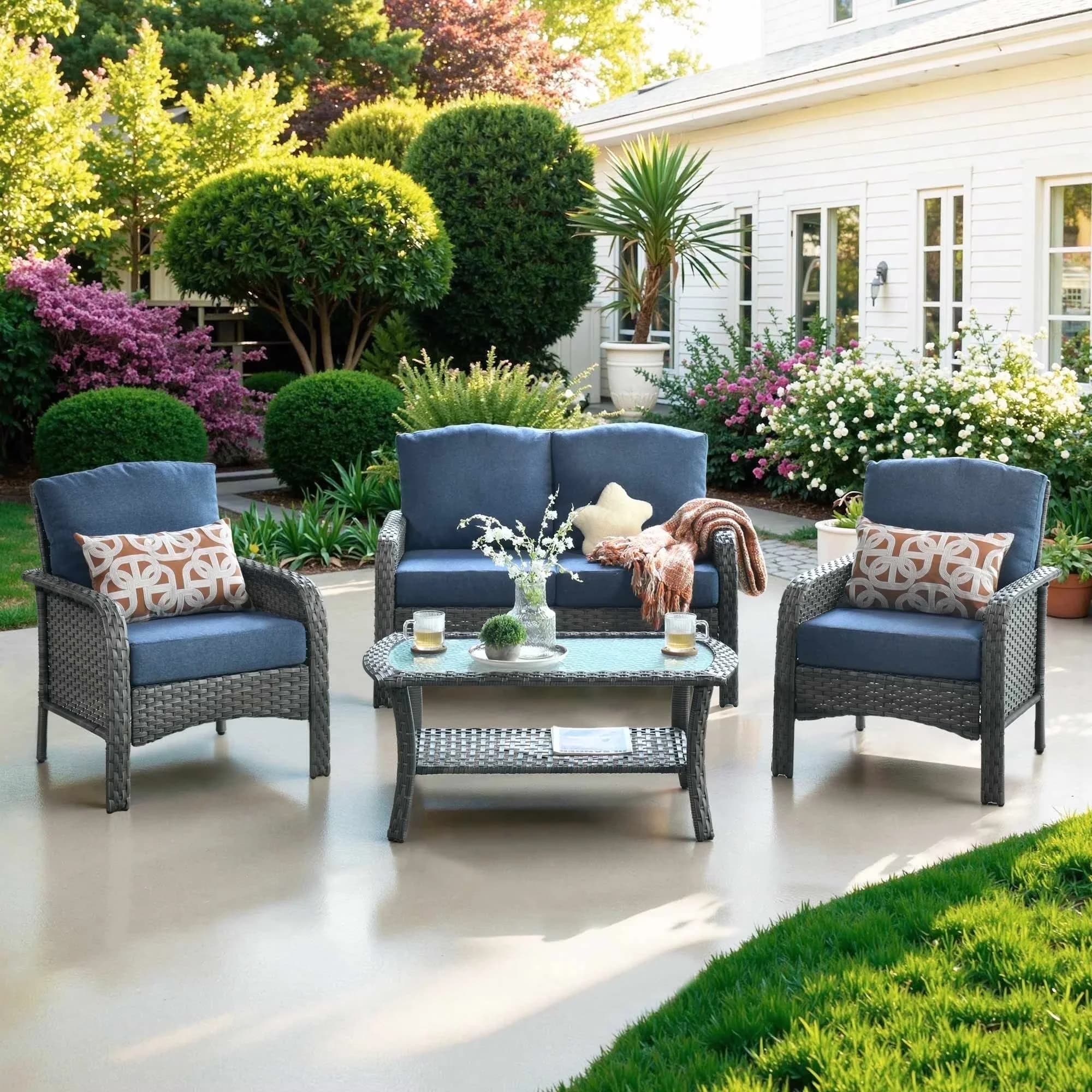 Professional Patio Conversation Set with Weatherproof, 4 Pieces Wicker Outdoor Furniture - Wicker Model 45AE2A