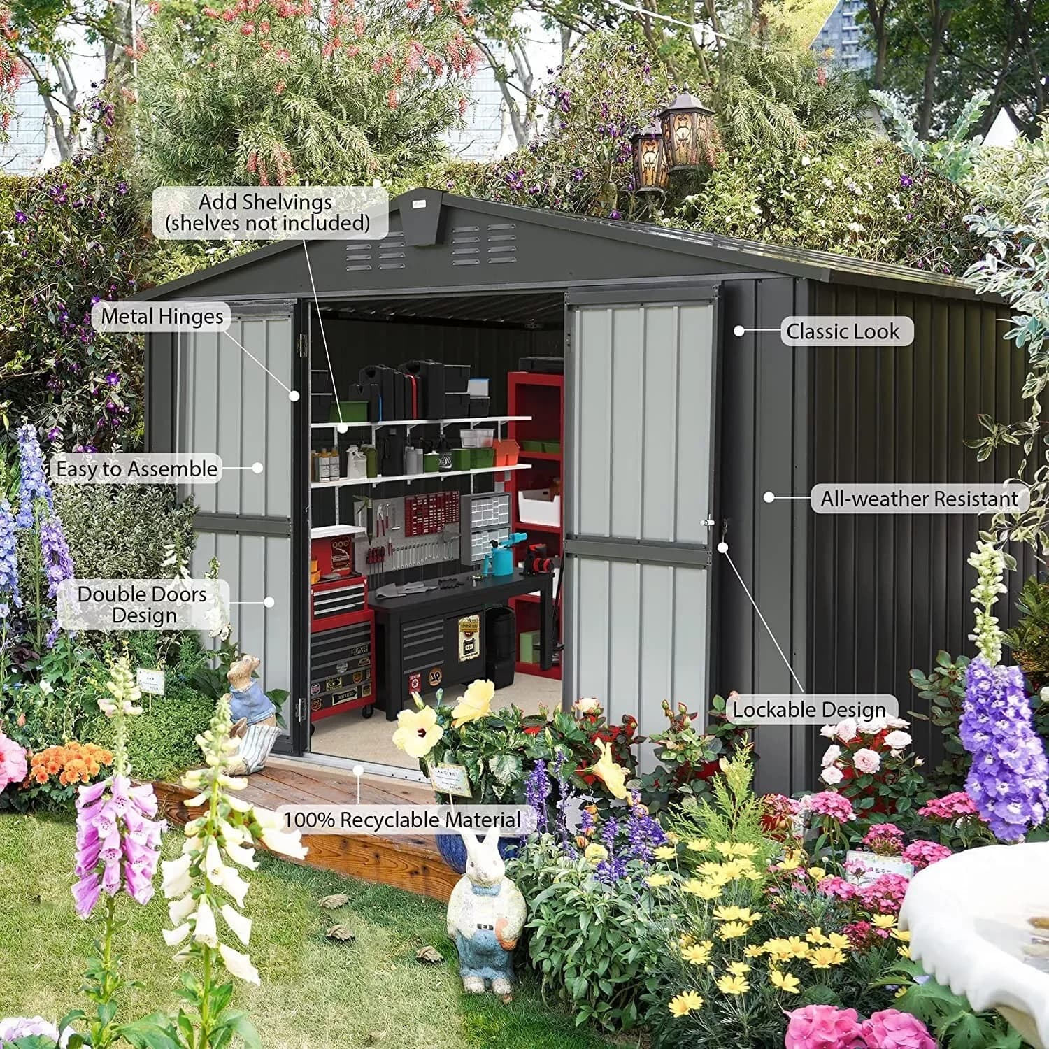 Innovative Shed with Metal Garden, Lockable Door - Metal,Alloy Steel Gray for Patio Model 7E4CFB