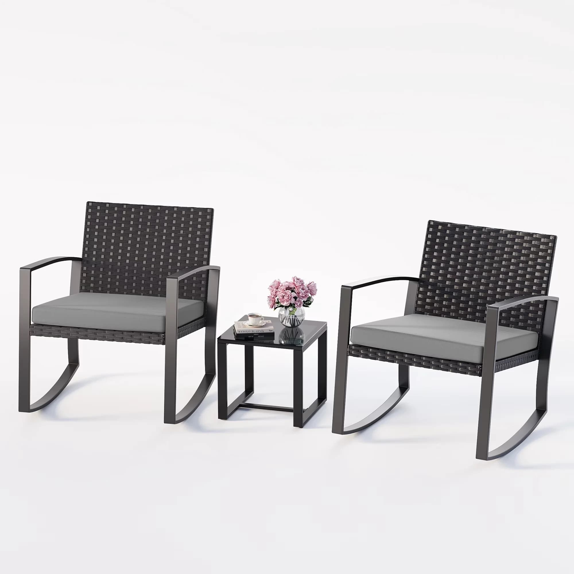 Premium Patio Dining Set with Uv Resistant, Stain Resistant, Mold Resistant - Gray Rattan, Glass, Metal for Garden Model 3EB170