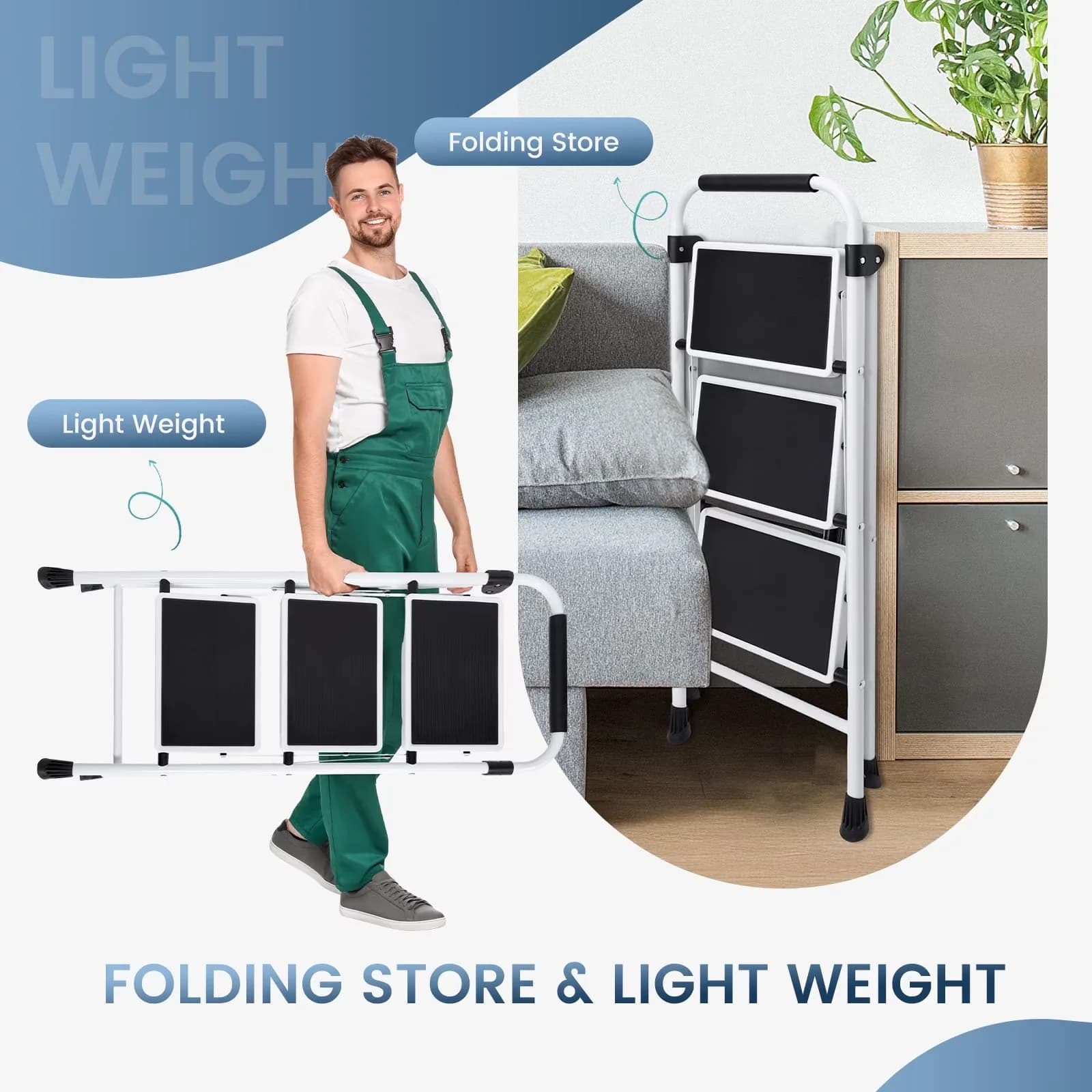 Efficient Ladders And Step Stool with Anti-Slip, 3 Folding Stepstool - Metal White for Kitchen, Garage Model 28DFB8