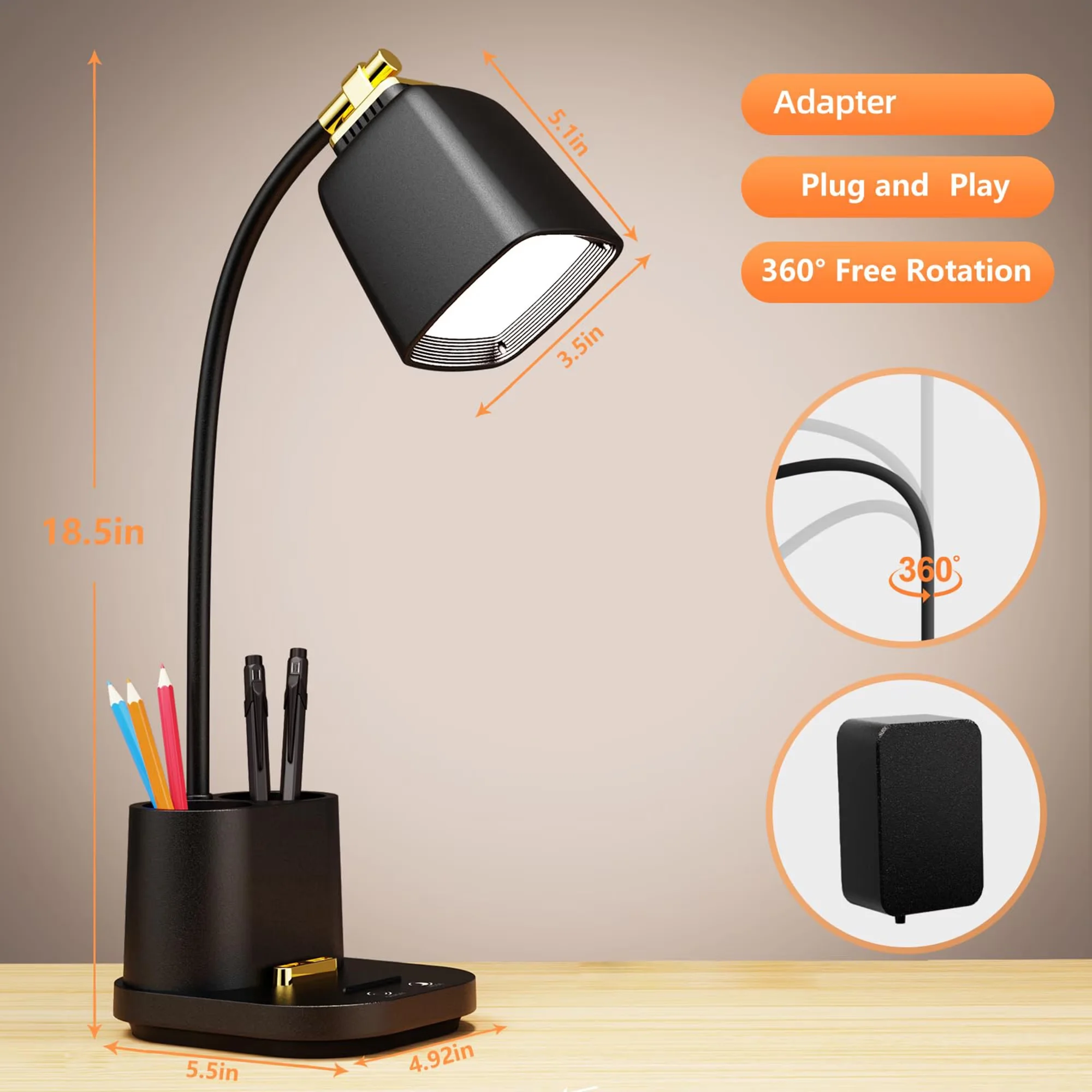 Modern Desk Lamp with LED, 3 Color Modes, Touch Control for Home Office, Study - Model 1091DB
