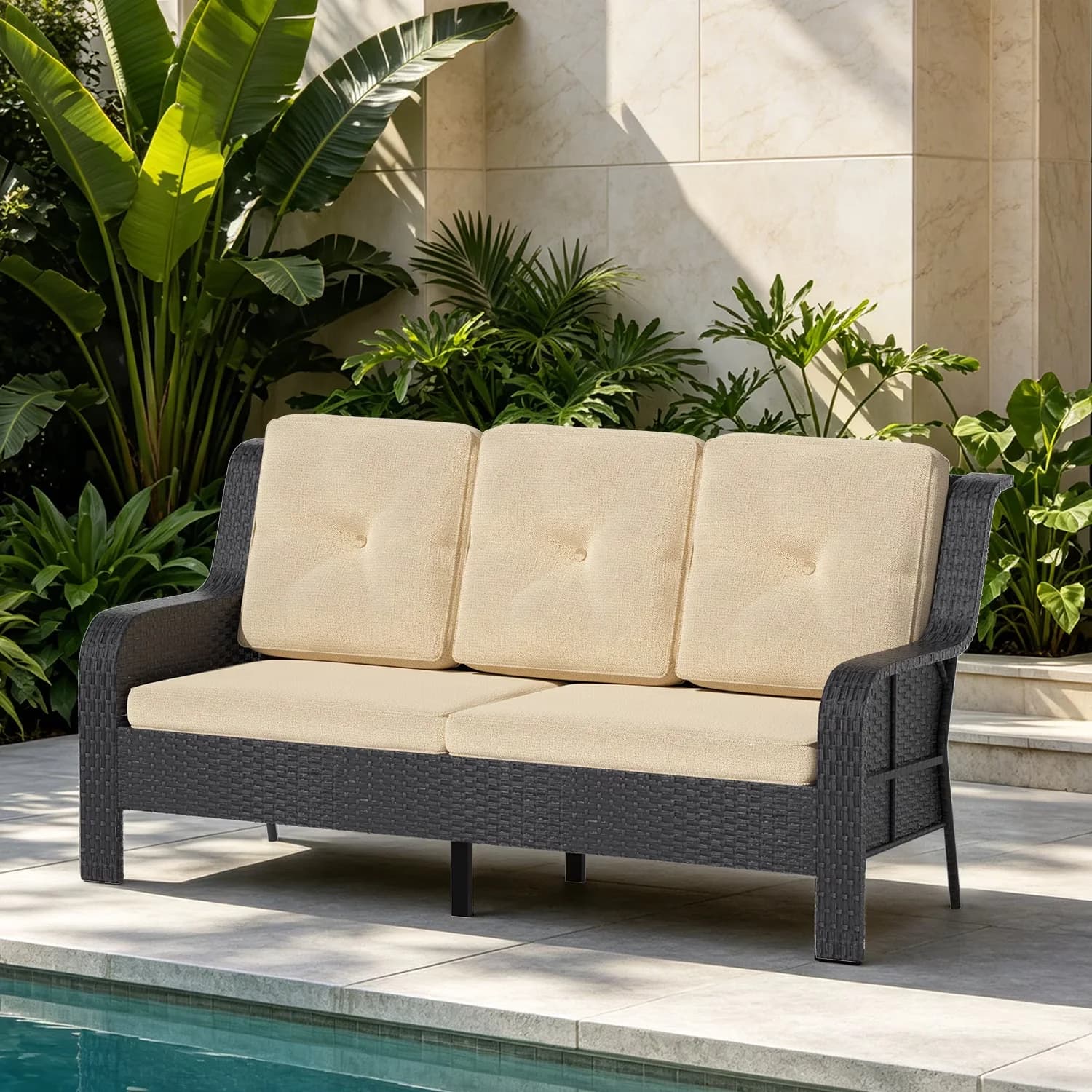 Reliable Outdoor Sofas Sectional with Waterproof, Rust Resistant - Black Rattan Model 57555F