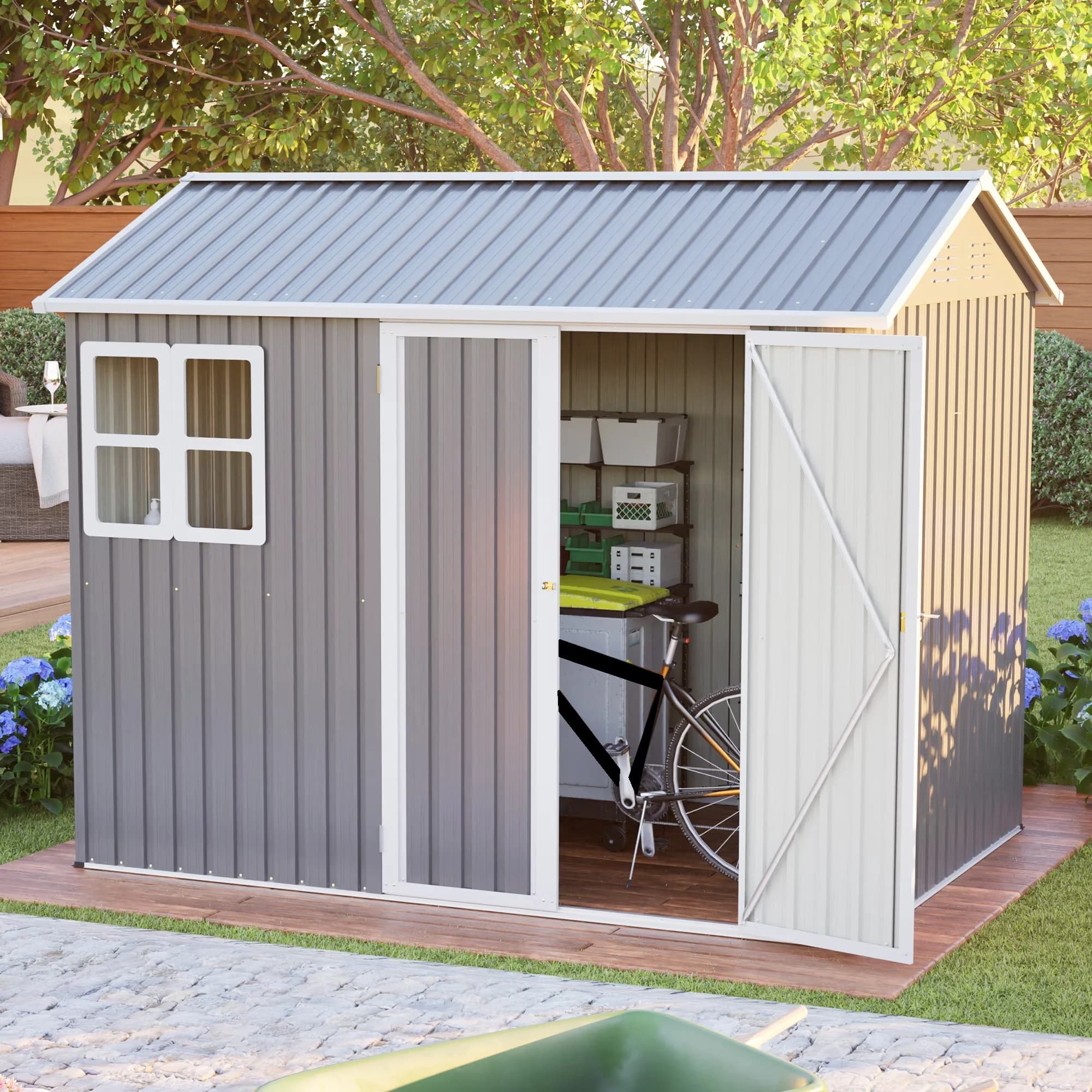 Efficient Shed with Lockable Door, Large Galvanized Steel Storage, Heavy Duty Ventilated Outdoor Metal - Gray Metal Model 2E726F