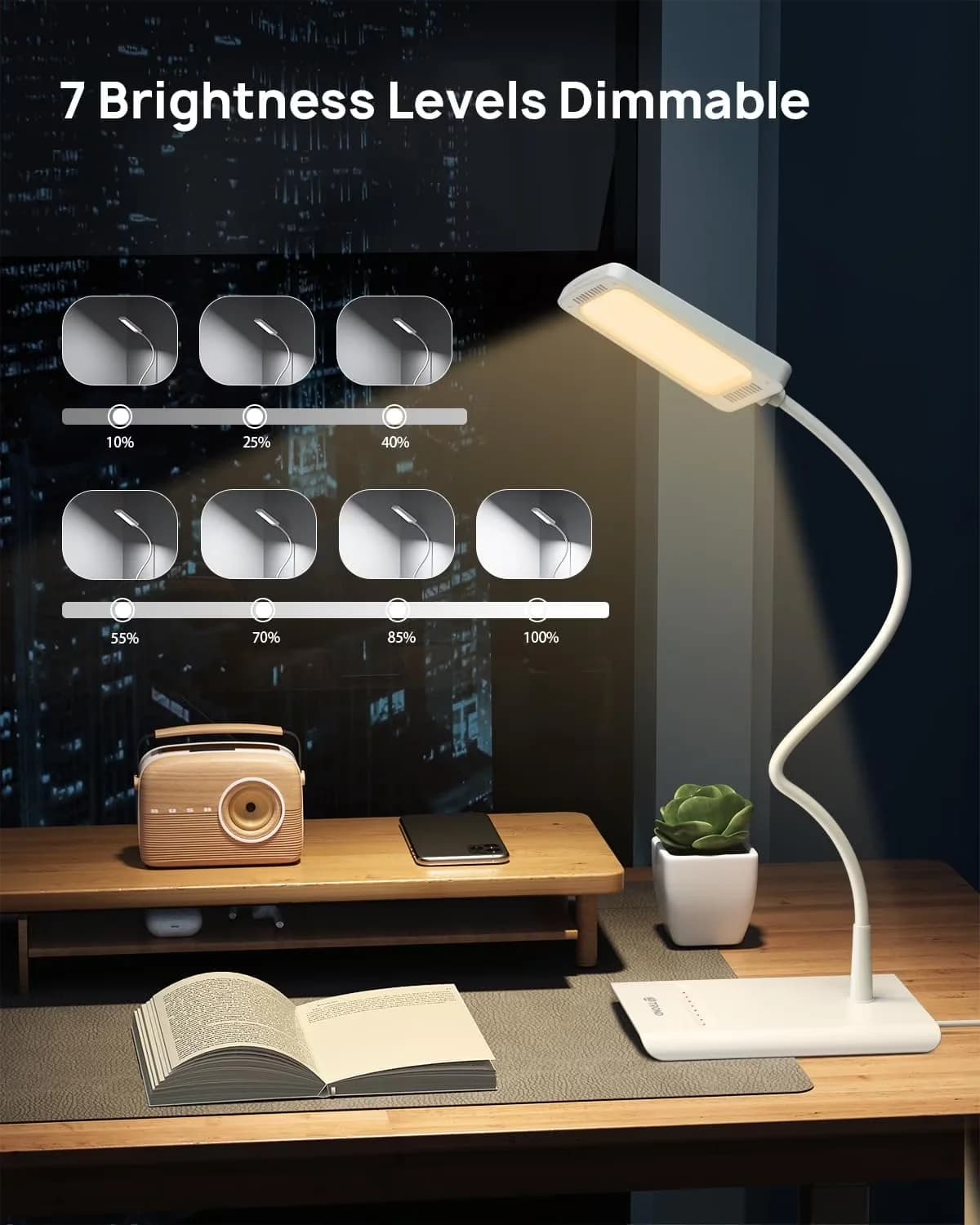 Desk Lamp Innovative with LED, Gooseneck, LED 3 Color Modes 7 Brightness - Aluminum Alloy White Model 2A6C20