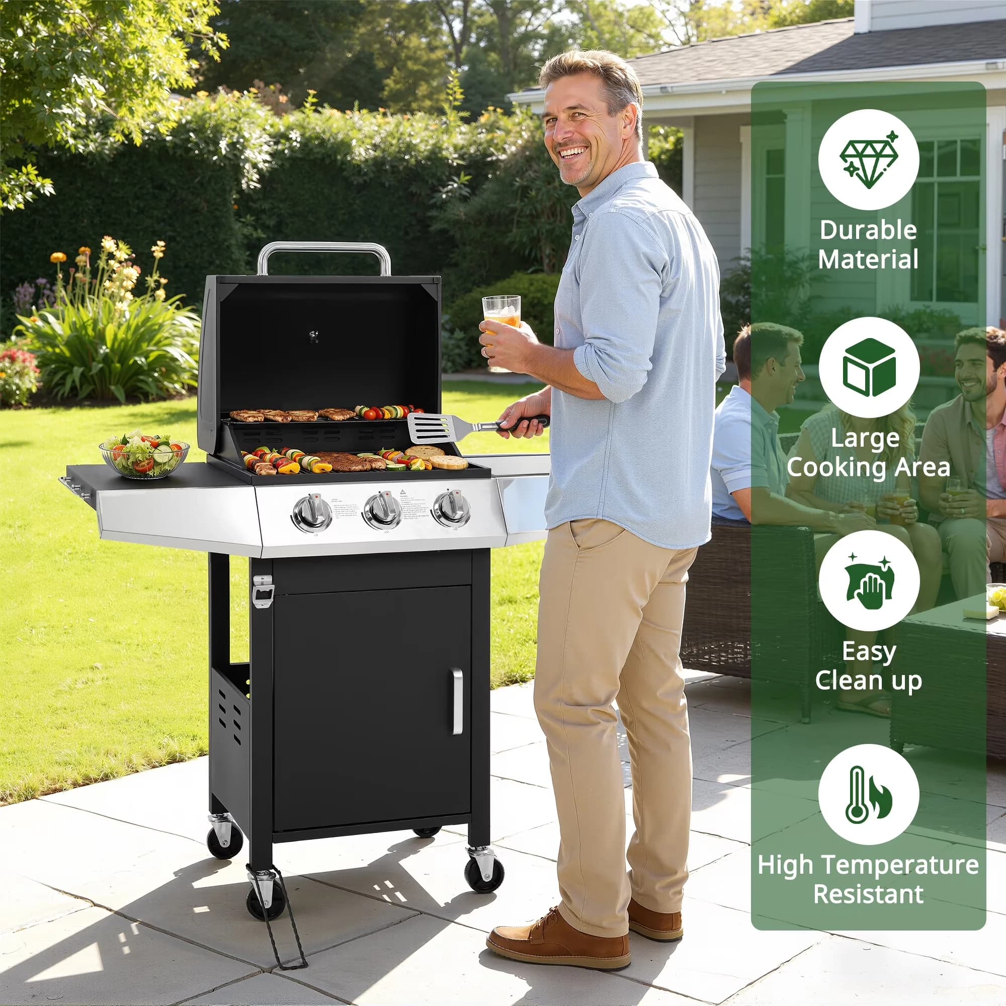 Gas Grill Versatile with 40000 BTU, Storage Rack, Heat Thermometer - Stainless Steel for Patio Model CAE0E8