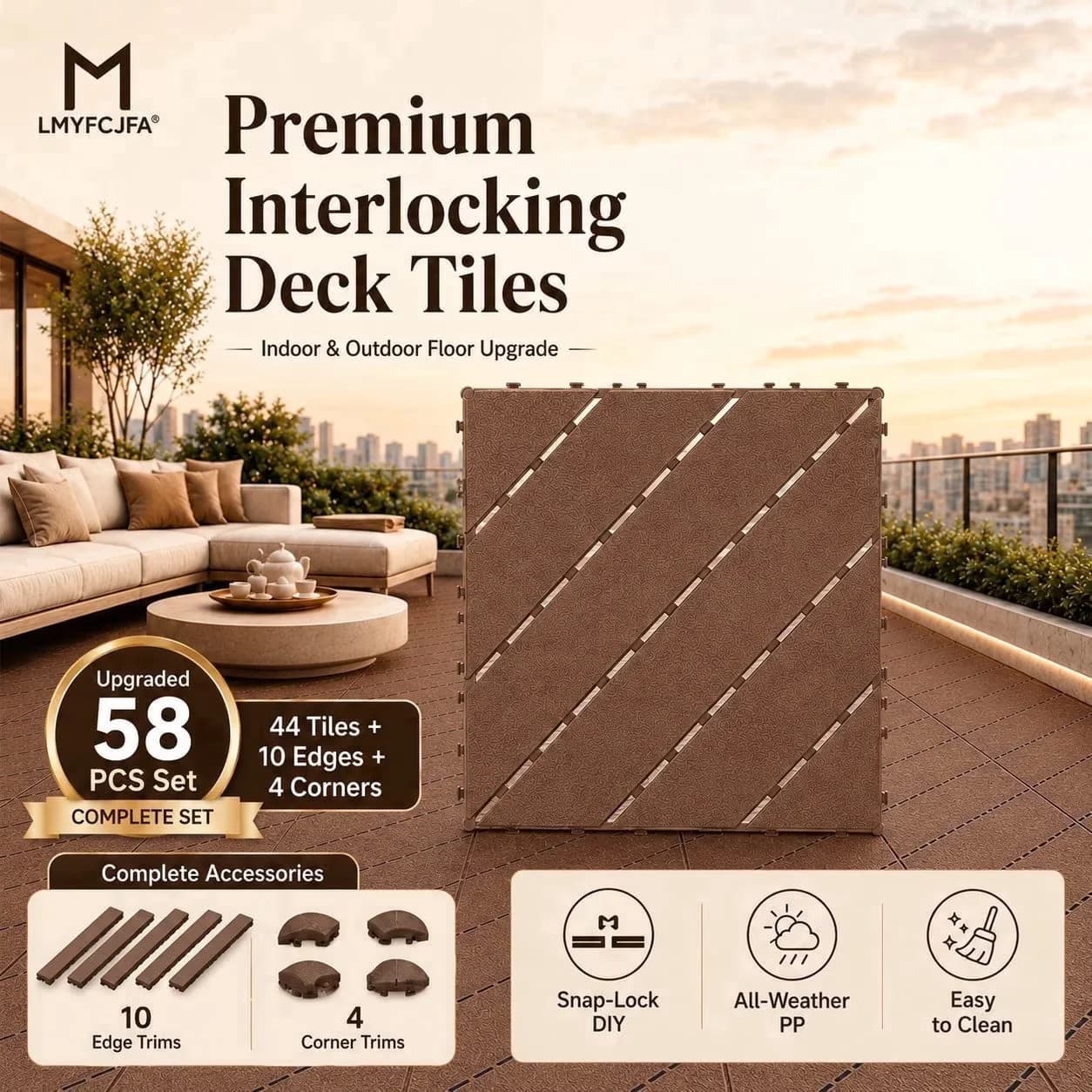 Essential Building Material with Interlocking, 58-Piece Interlocking Deck Tiles - Pp Plastic Brown Model C9855C