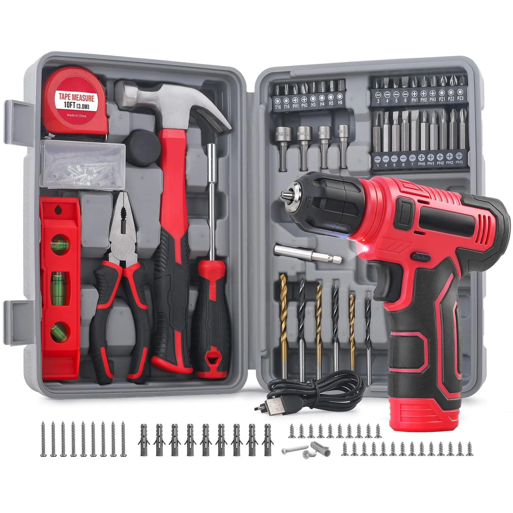 Premium Drills Driver with Battery, Ergonomic Design, 8v Cordless Drill Set & Starter Tool Kit - Red-47-Piece Model 2182BB